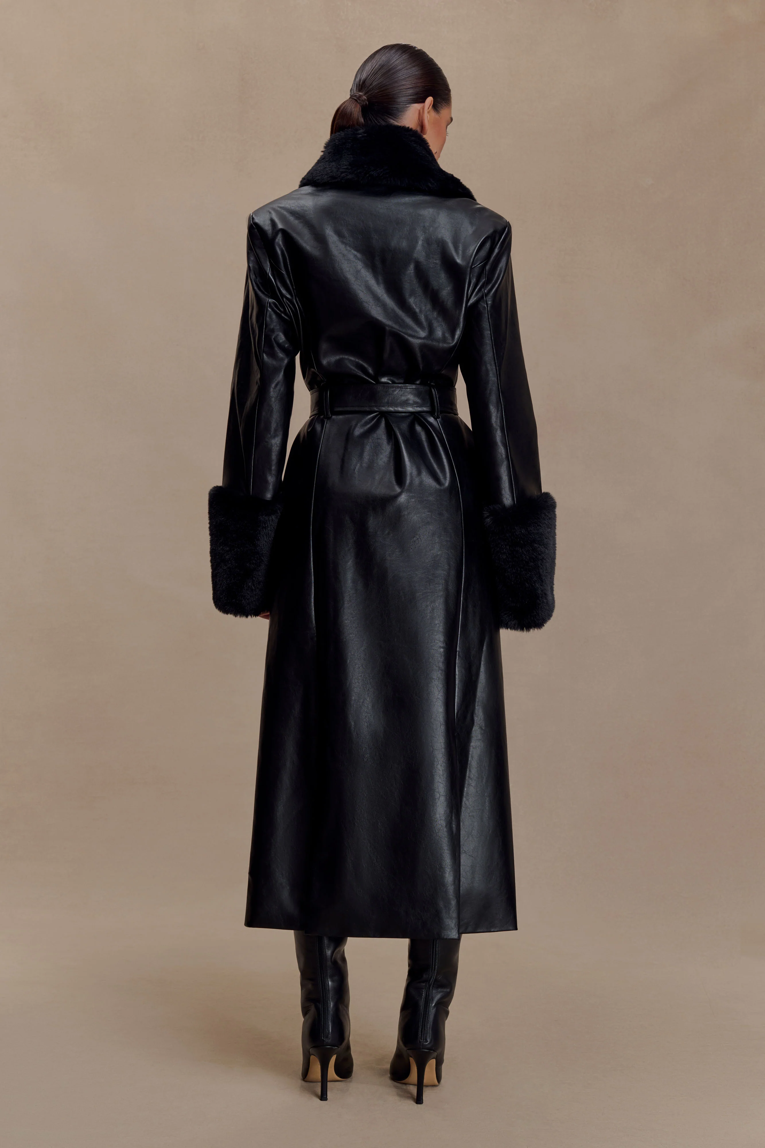 Bec Faux Leather Trench Coat With Faux Fur - Black - Image 2