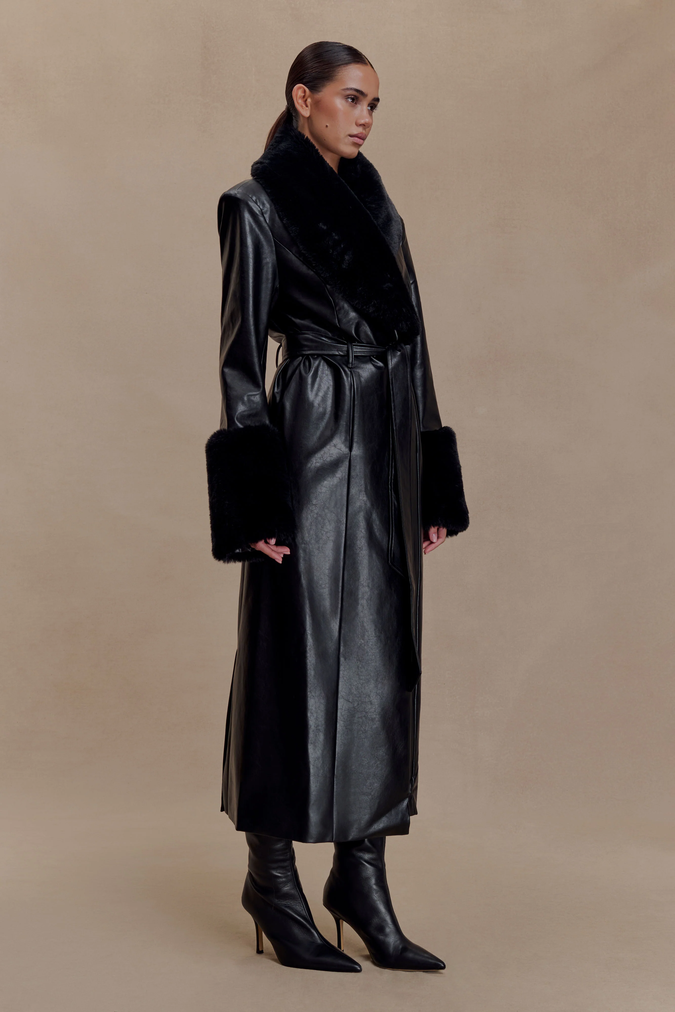 Bec Faux Leather Trench Coat With Faux Fur - Black - Image 4
