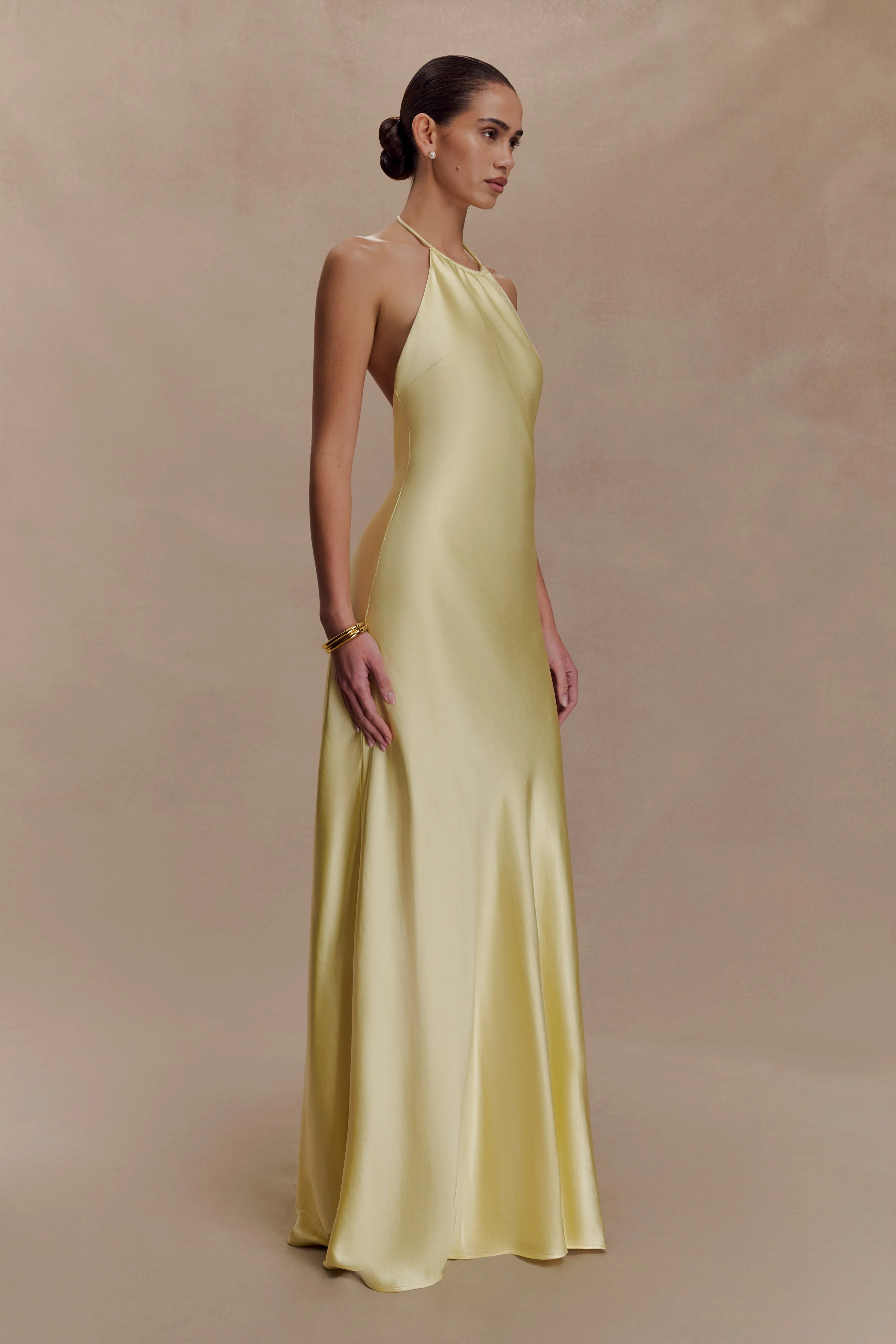 Bella Satin Halter Maxi Dress - Lemon - Image 9