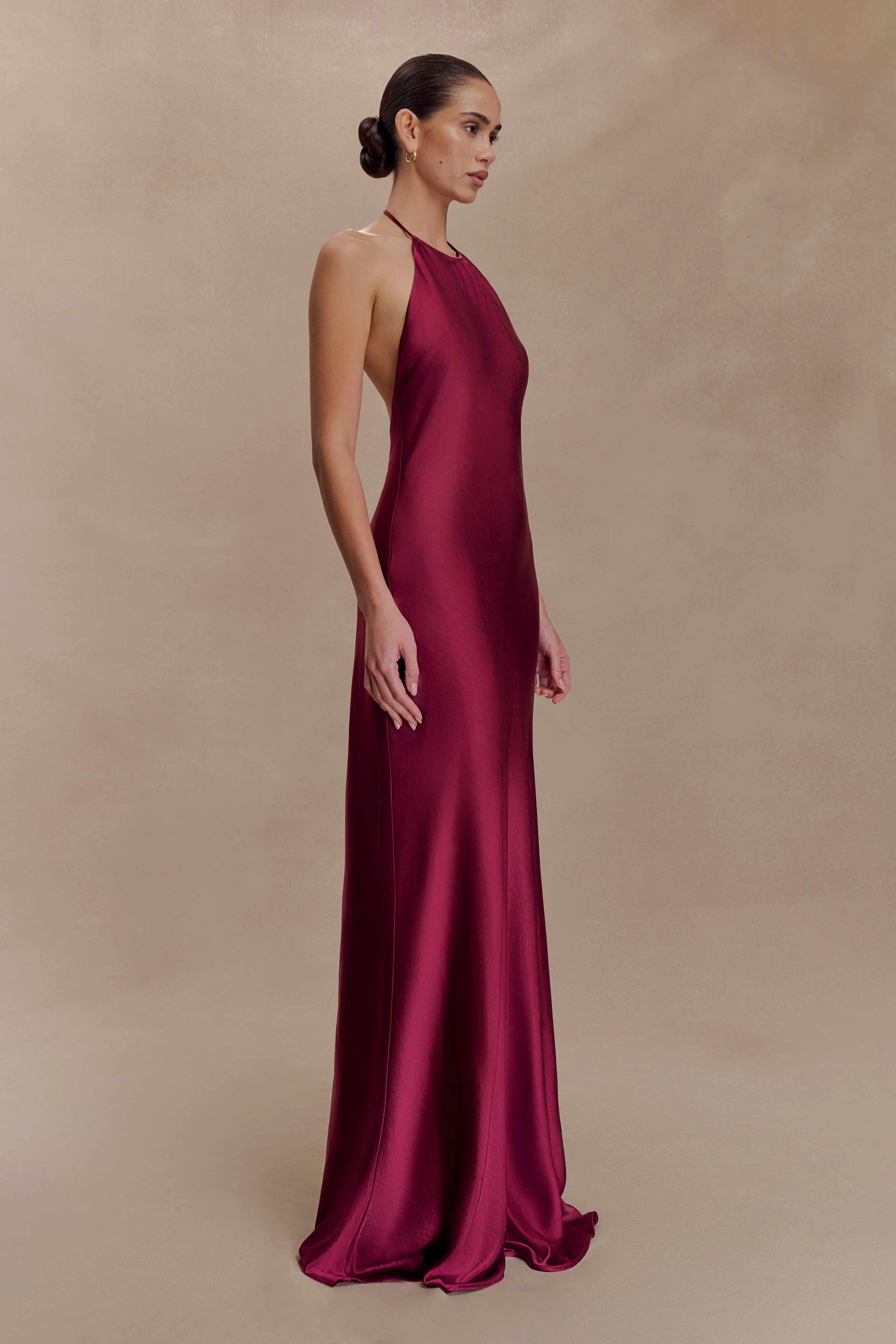 Bella Satin Halter Maxi Dress - Mahogany - Image 4