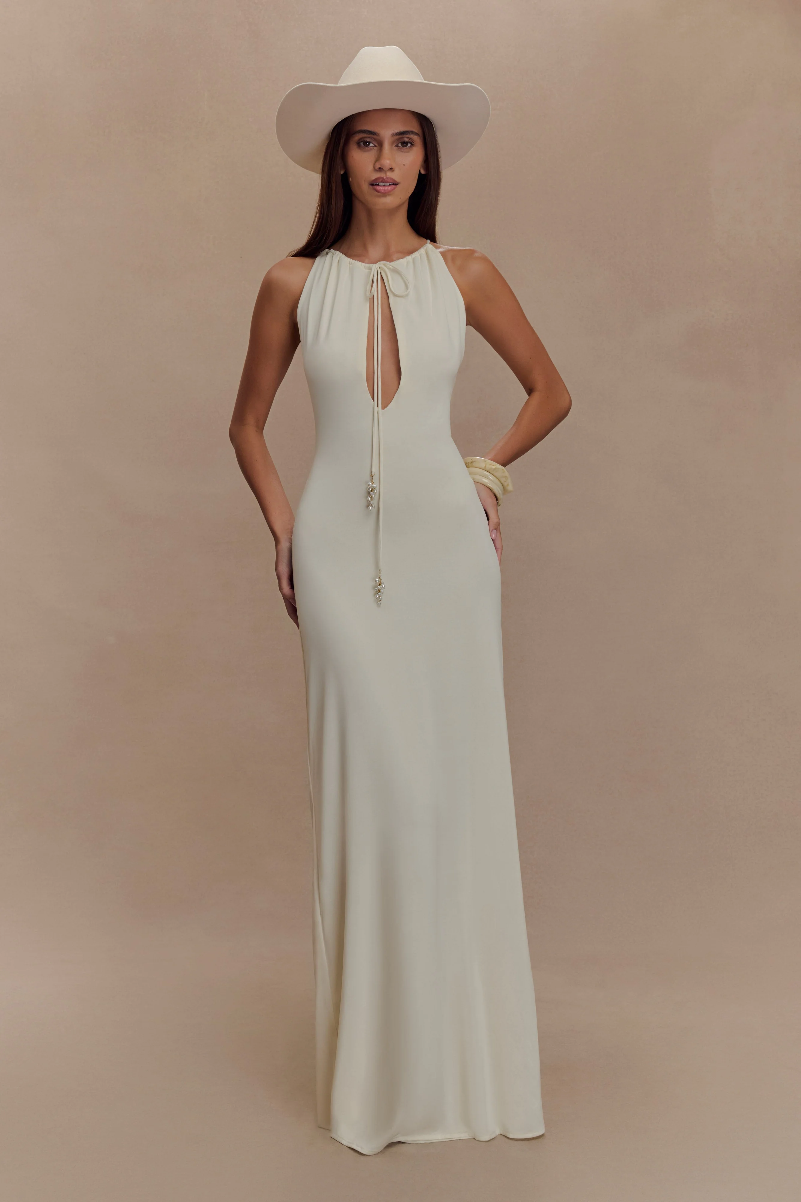Beryl Slinky Maxi Dress With Pearls - Ivory - Image 6