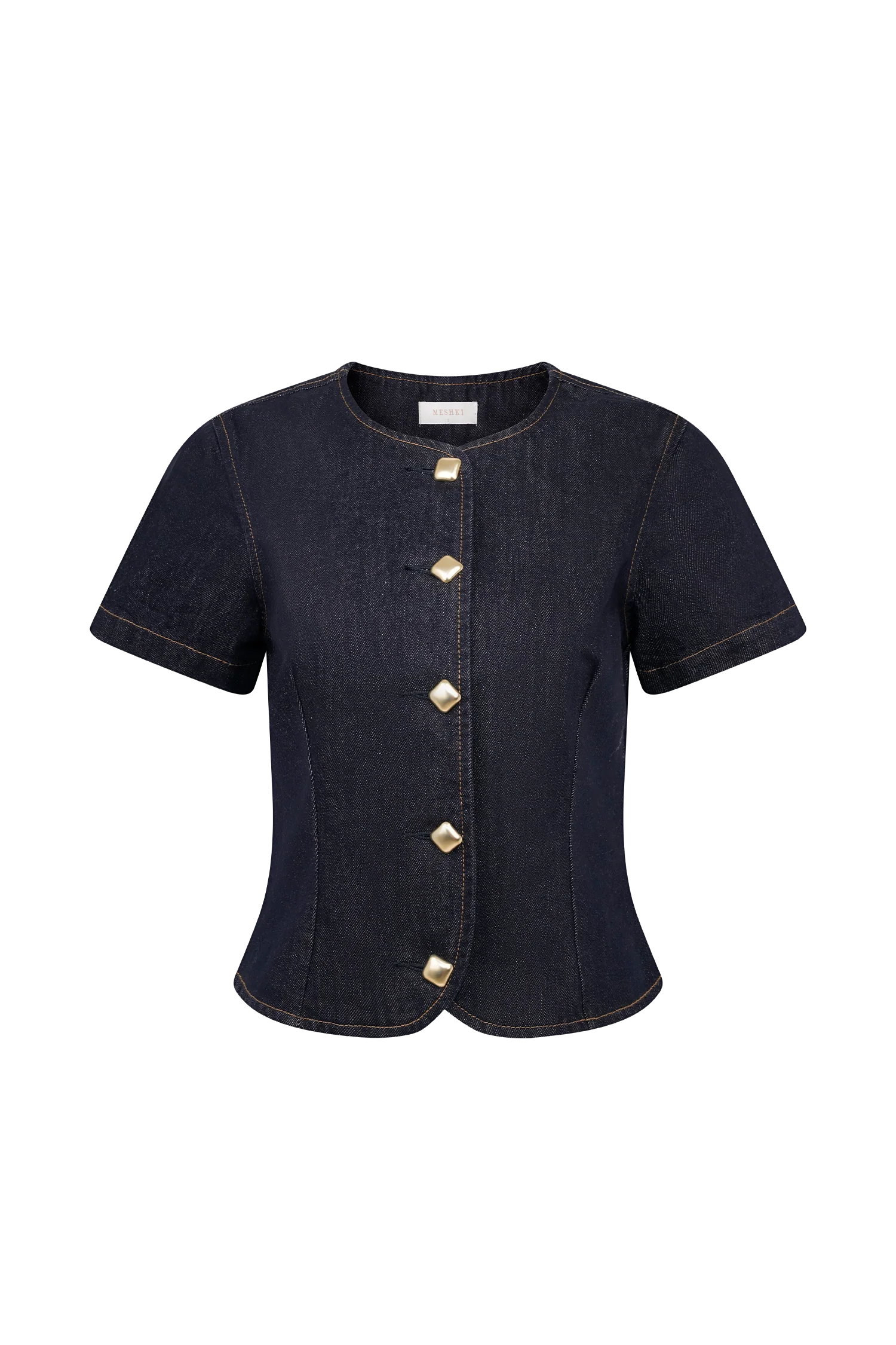 Bethany Short Sleeve Buttoned Denim Top - Washed Indigo Blue - Image 10