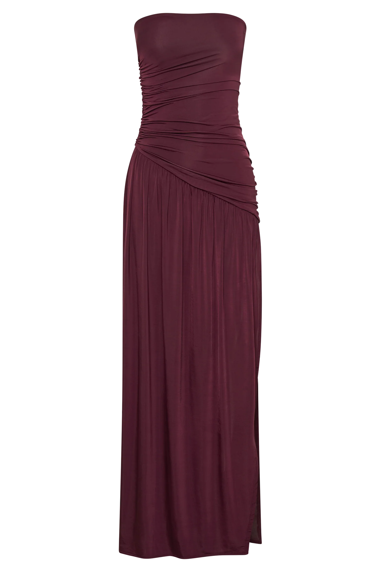 Bex Strapless Slinky Maxi Dress With Split - Burgundy - Image 6