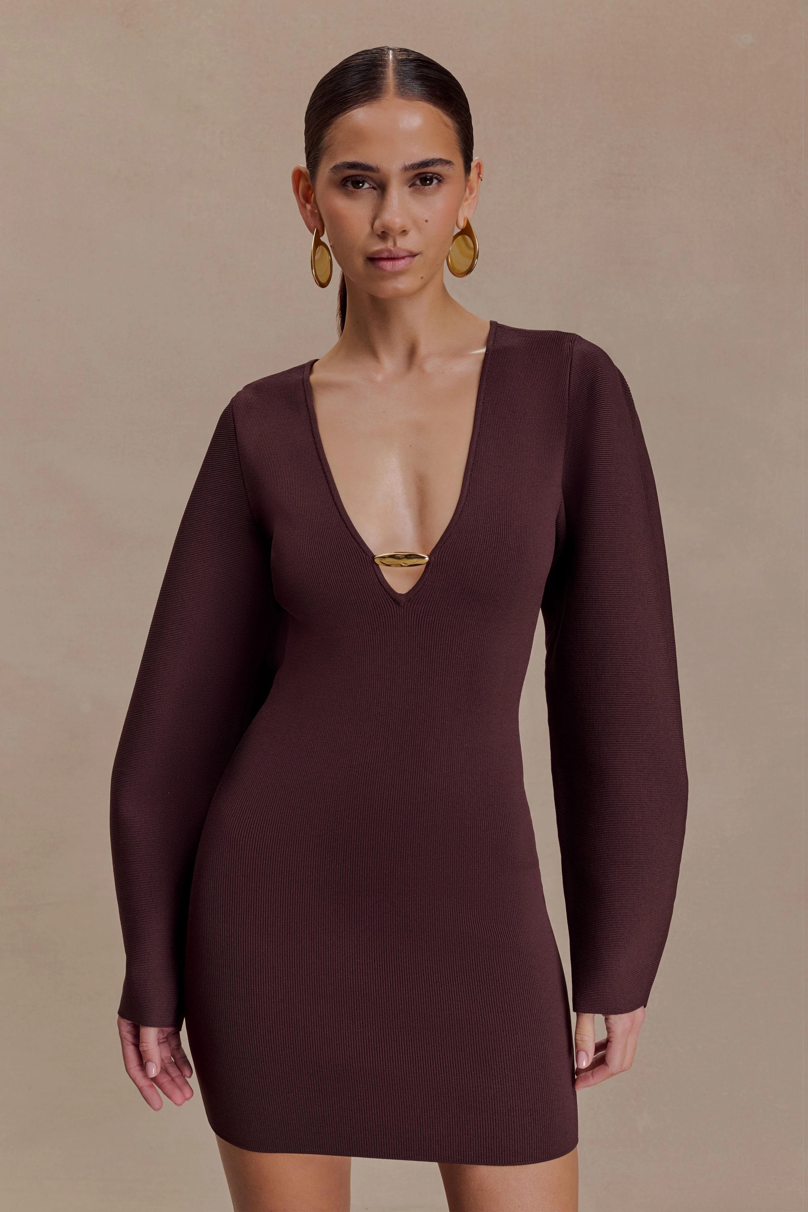 Billy Balloon Sleeve Knit Mini Dress - Dark Chocolate - Image 7