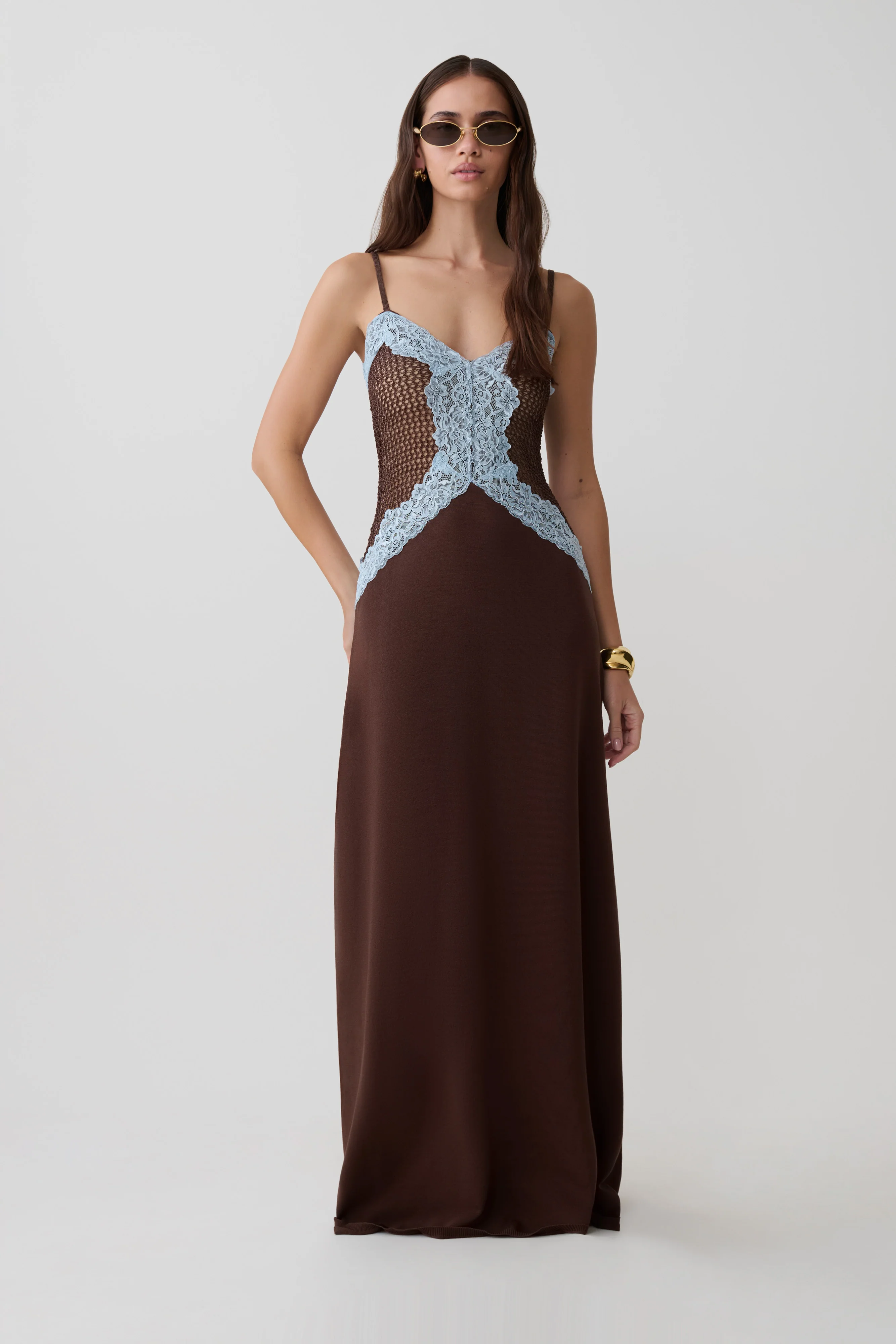 Bray Knit & Lace Maxi Dress - Chocolate/Blue - Image 5