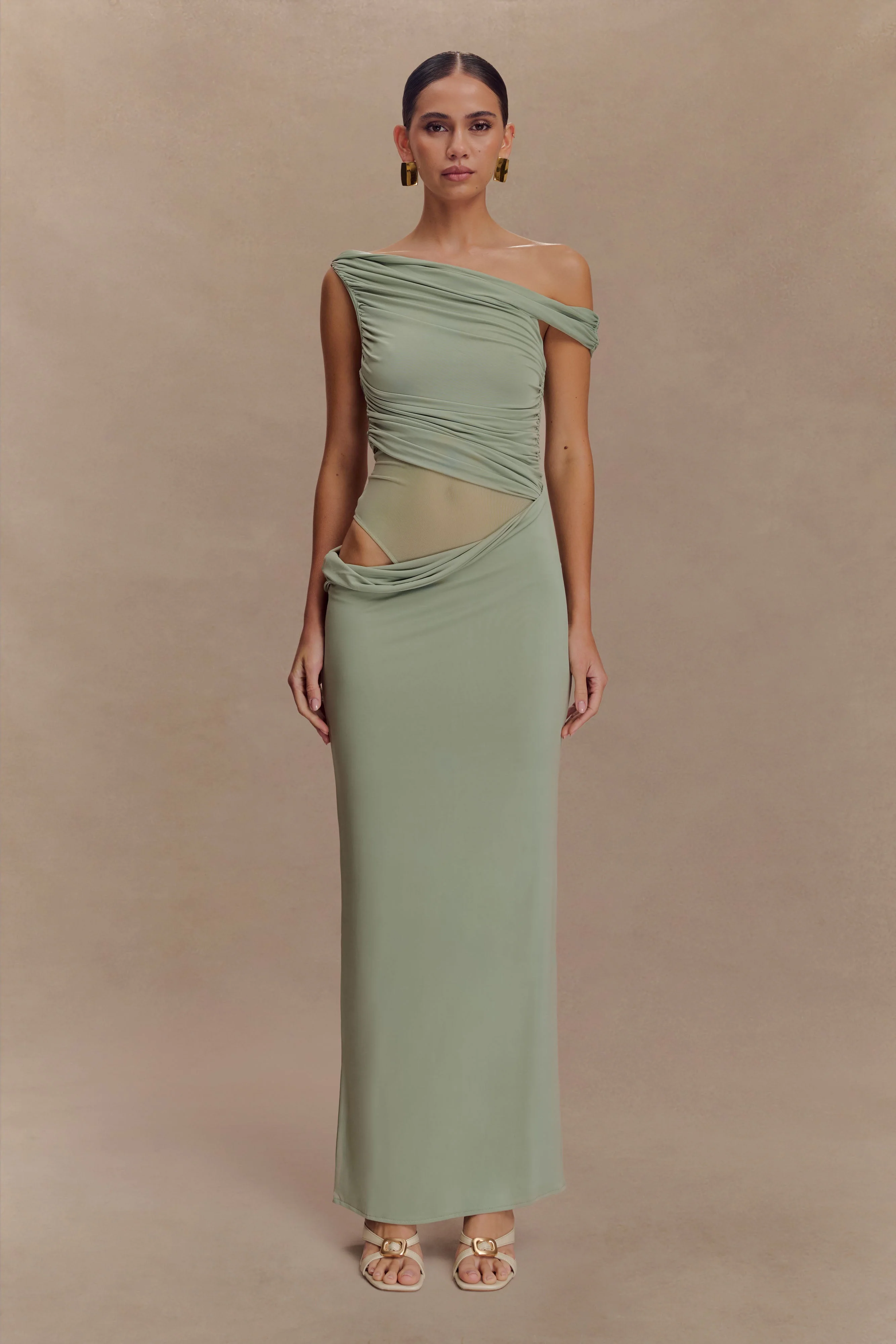 Callen One Shoulder Slinky Maxi Dress - Sage - Image 5
