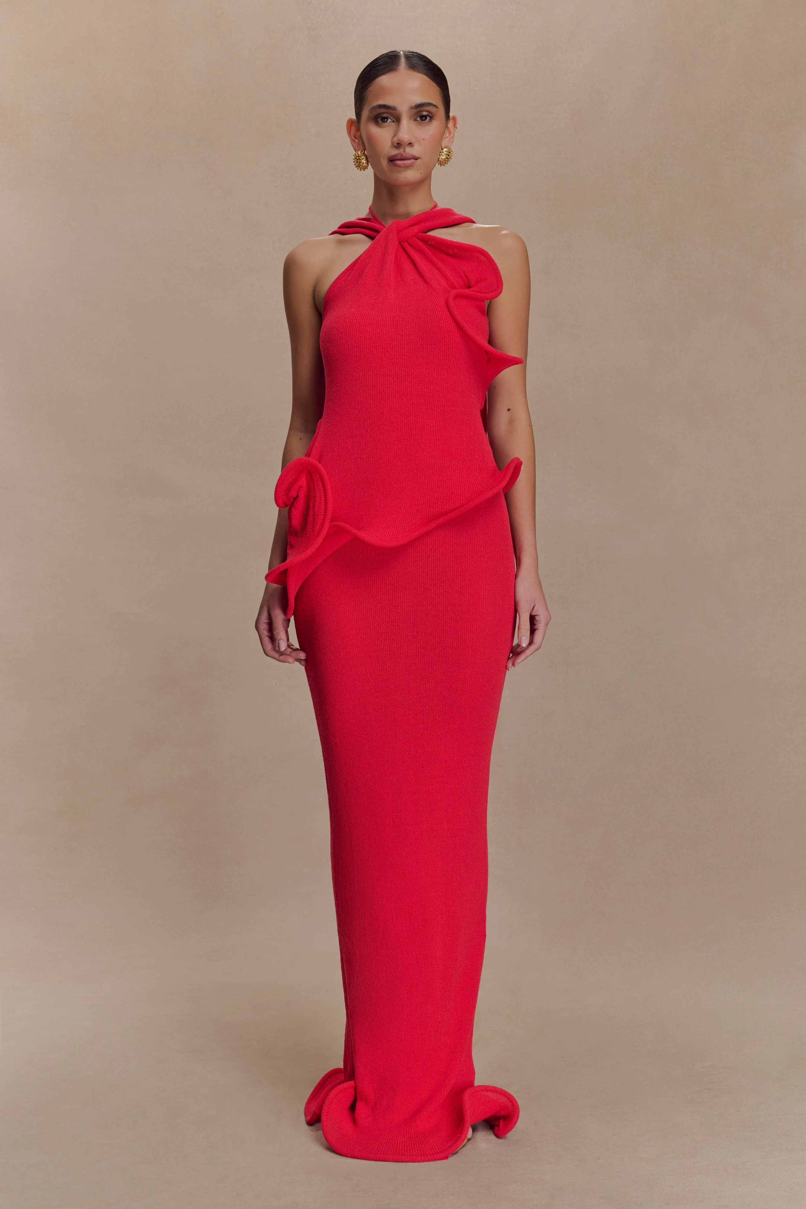 Caprice Halter Knit Maxi Dress - Red - Image 2