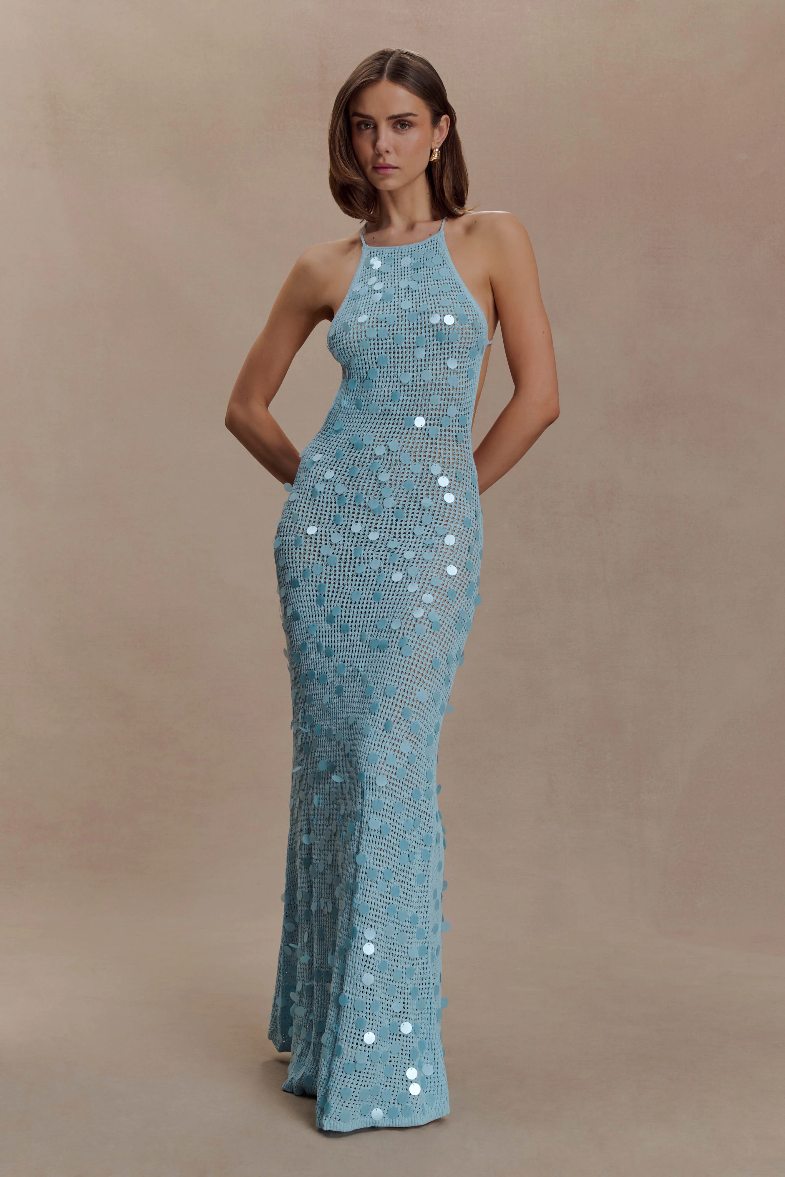 Carmen Crochet Sequin Maxi Open Back Dress - Blue - Image 2
