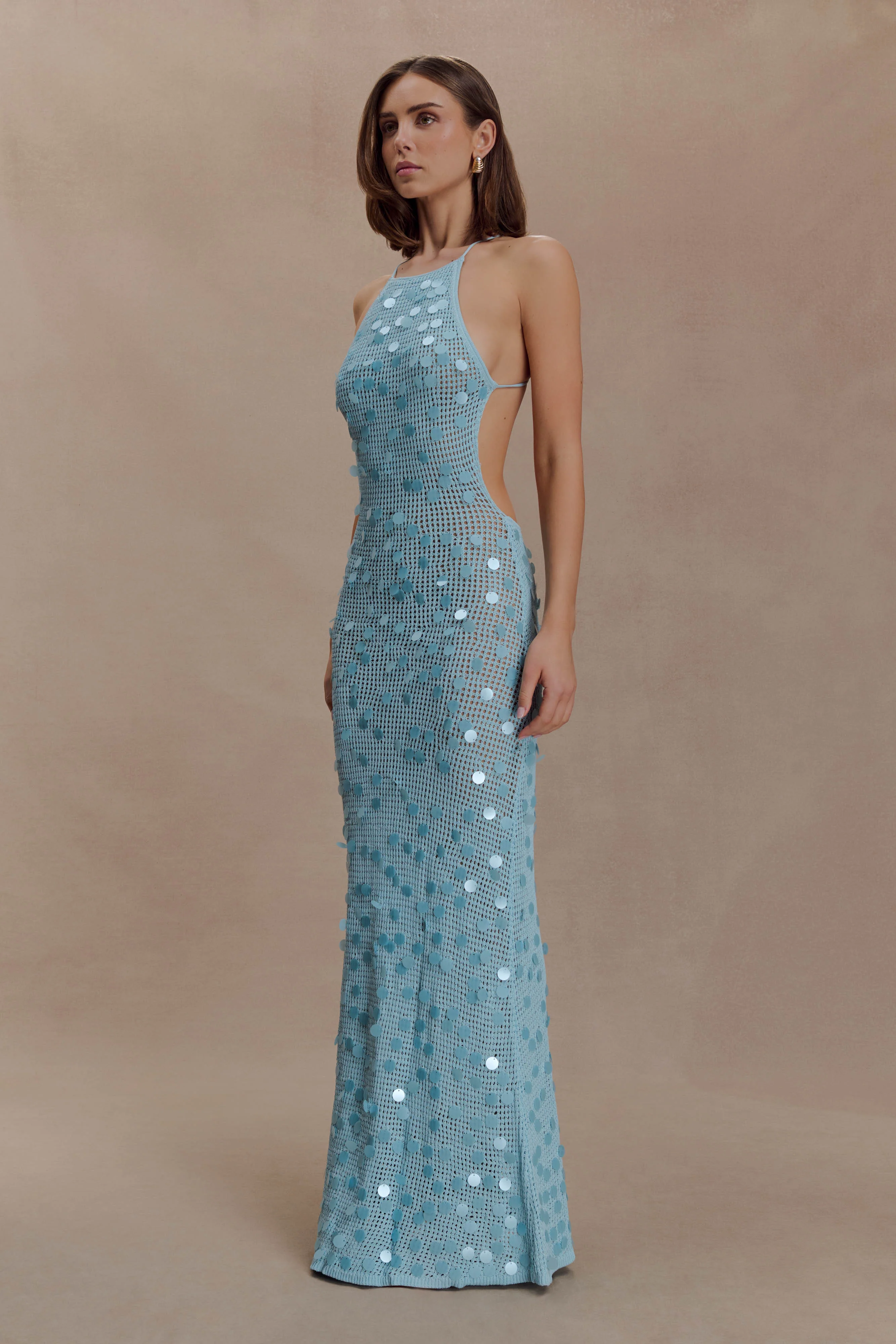 Carmen Crochet Sequin Maxi Open Back Dress - Blue - Image 5