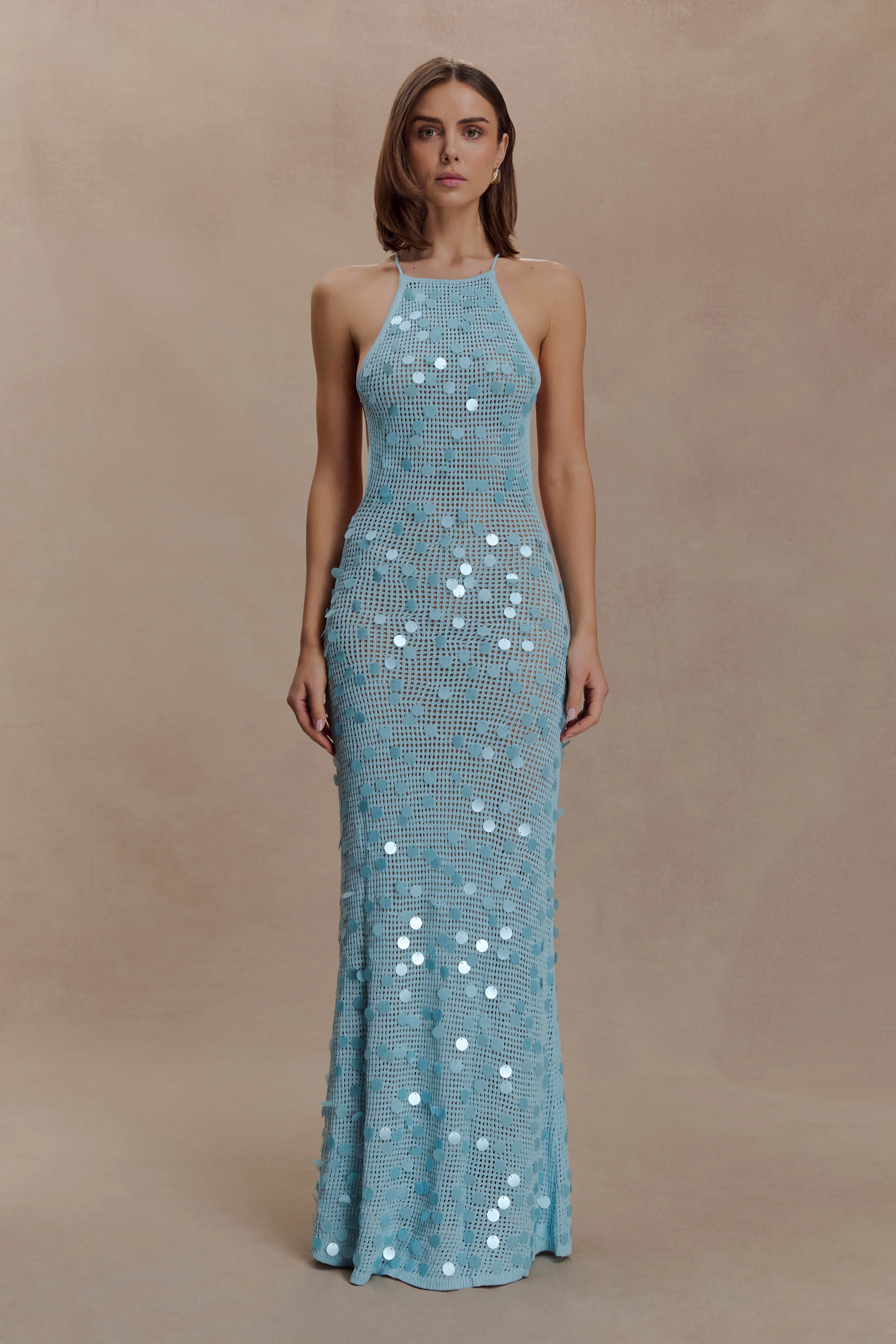Carmen Crochet Sequin Maxi Open Back Dress - Blue - Image 6