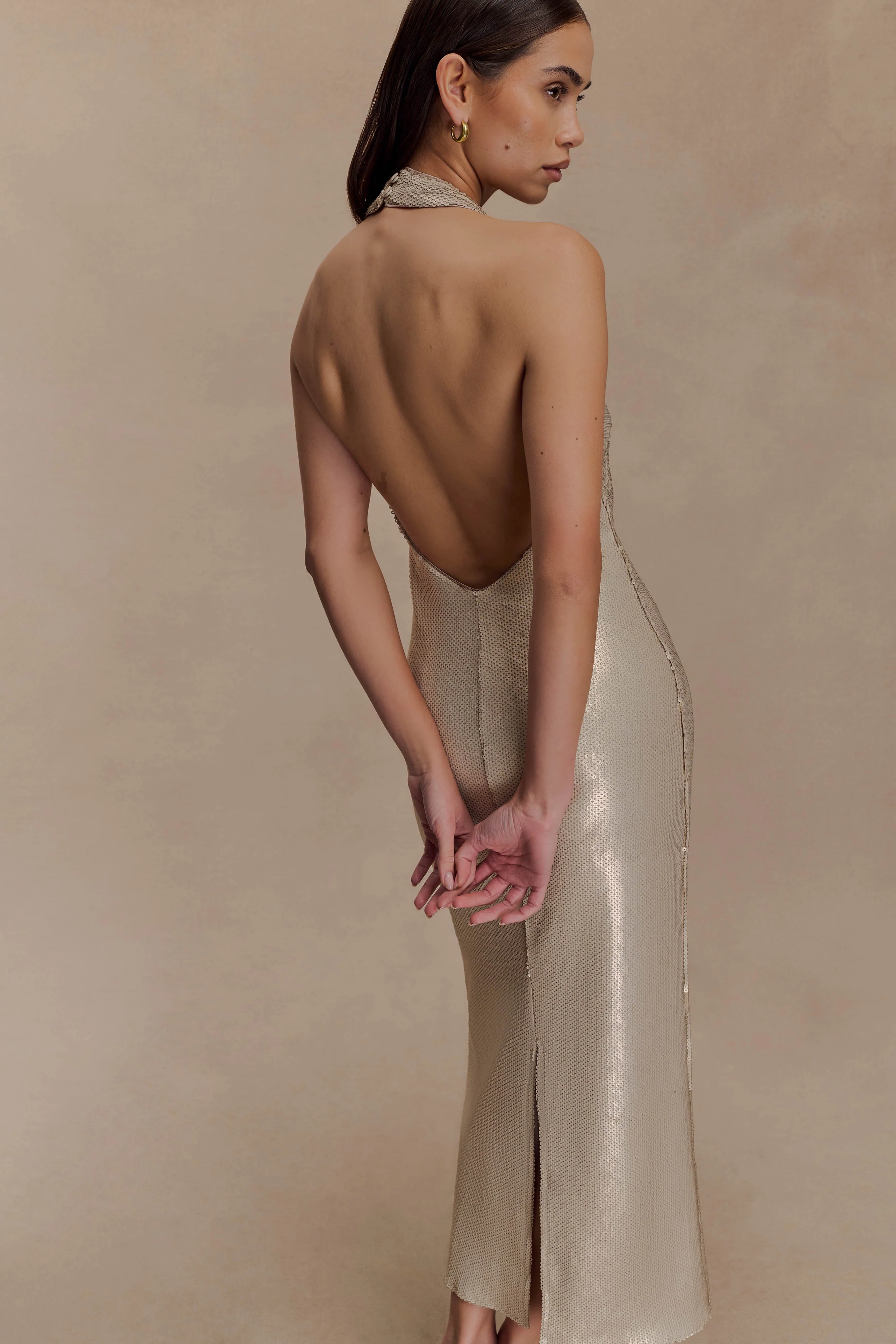 Carnation Sequin Halter Midi Dress - Gold - Image 5