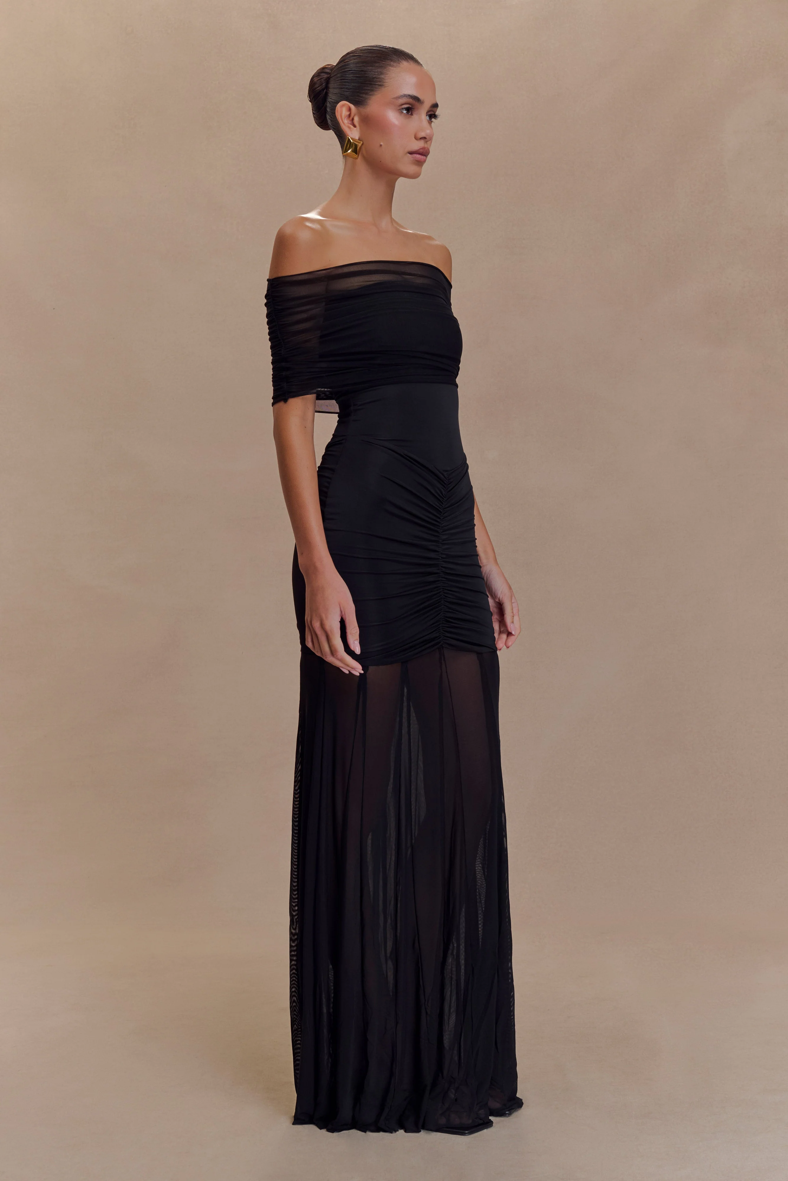 Caspian Slinky And Mesh Off Shoulder Maxi Dress - Black - Image 3