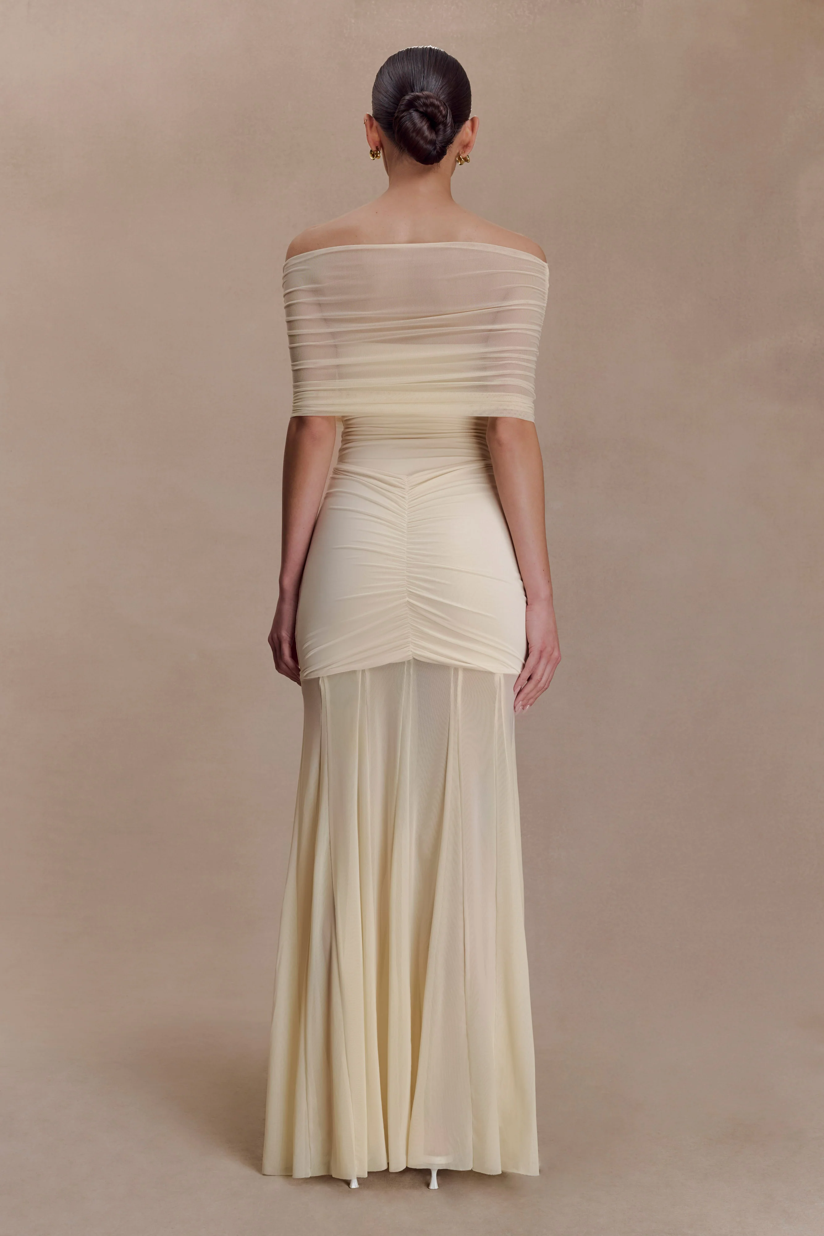 Caspian Slinky And Mesh Off Shoulder Maxi Dress - Ivory - Image 4