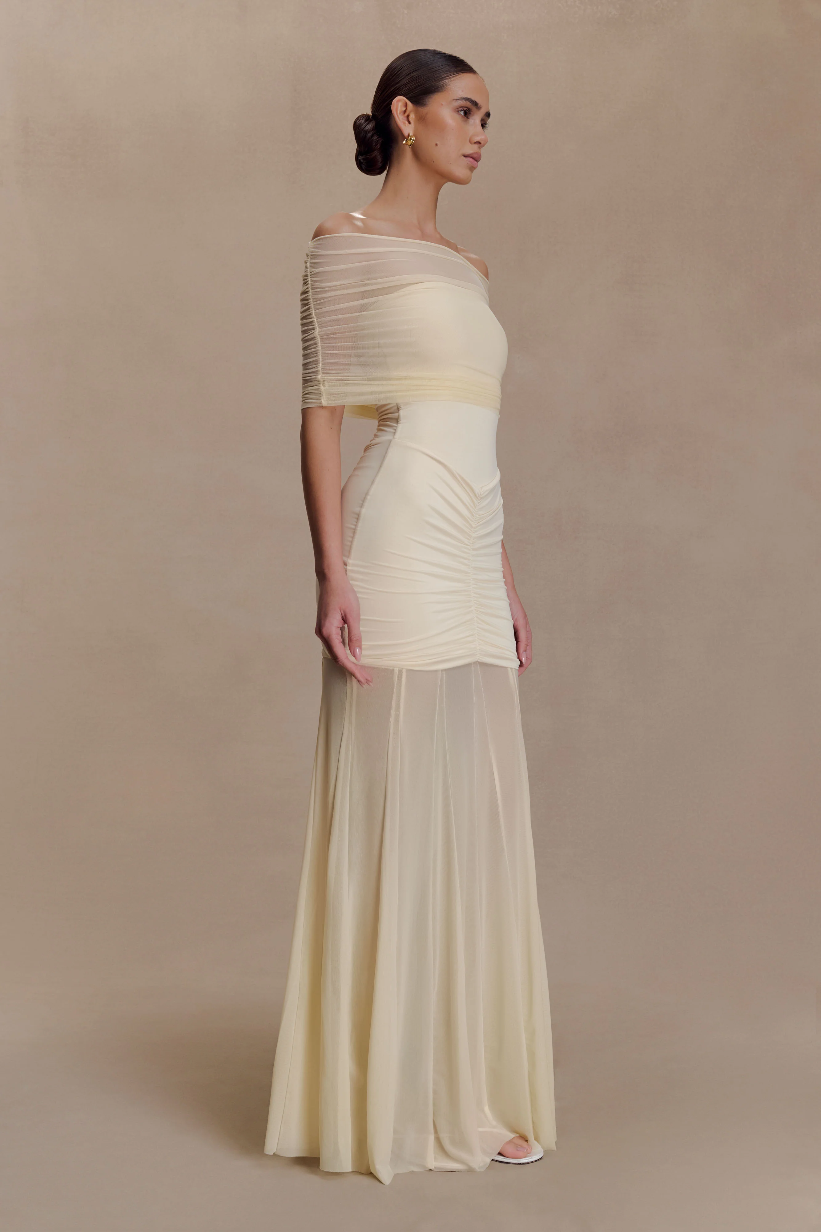 Caspian Slinky And Mesh Off Shoulder Maxi Dress - Ivory - Image 5