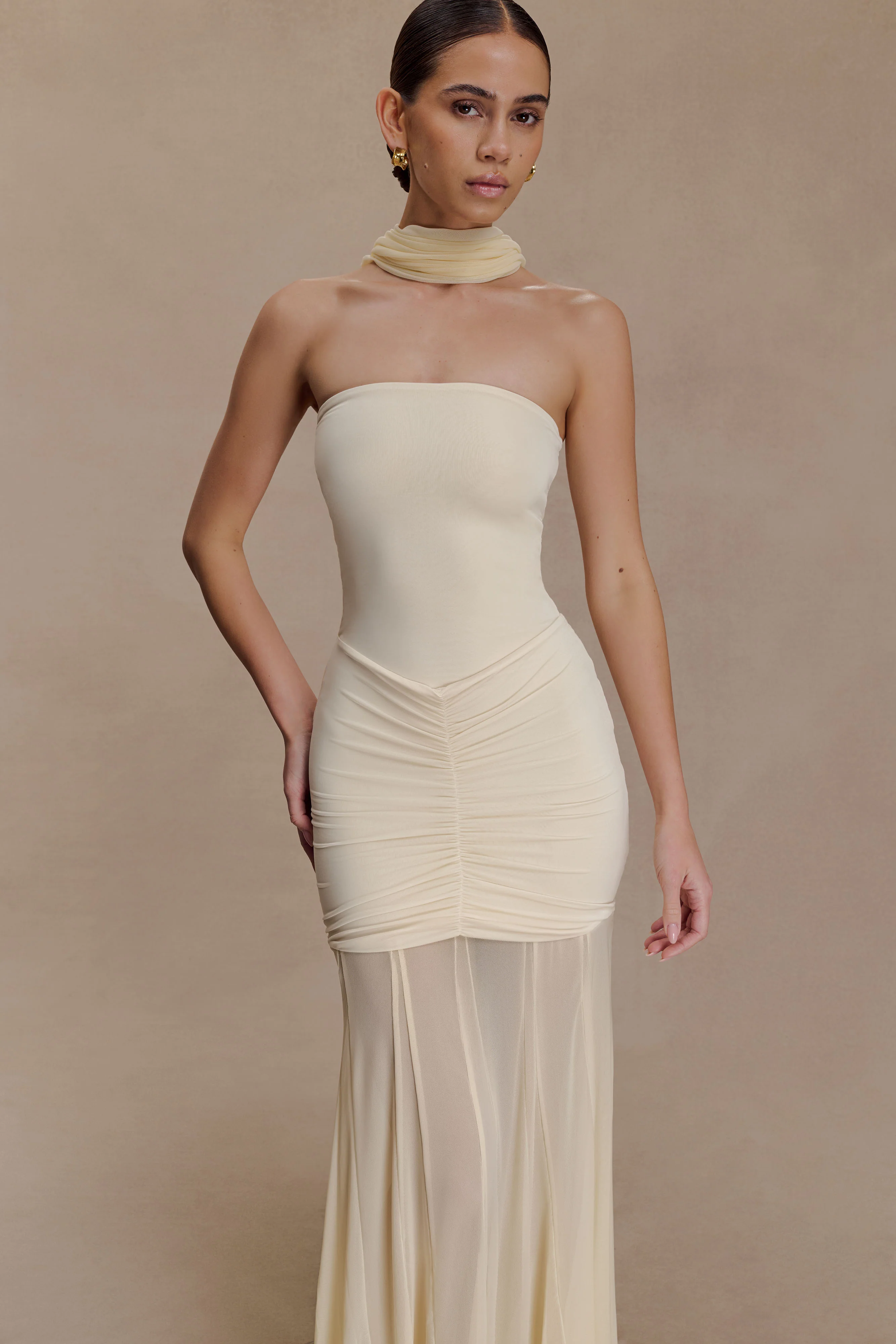 Caspian Slinky And Mesh Off Shoulder Maxi Dress - Ivory - Image 6