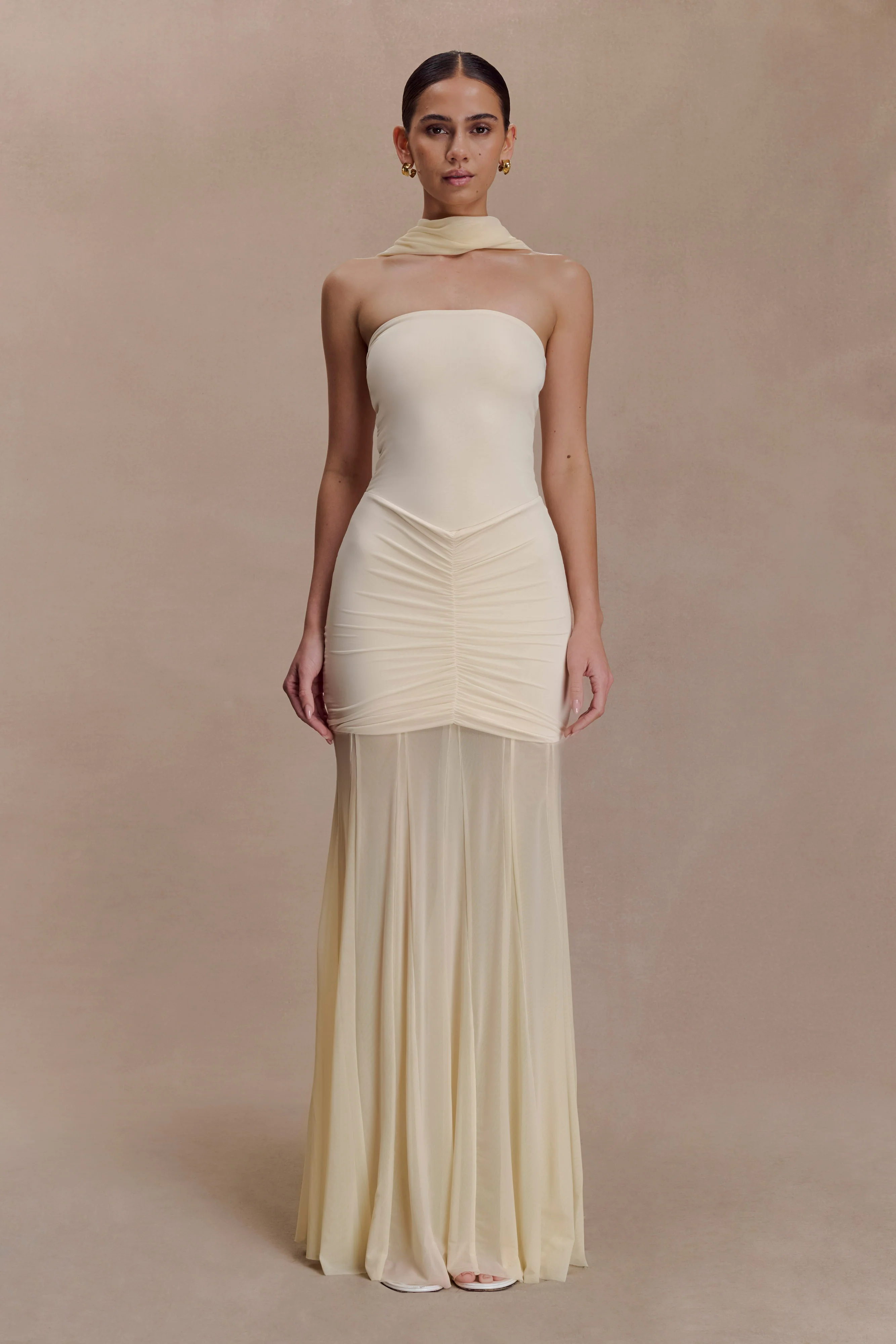 Caspian Slinky And Mesh Off Shoulder Maxi Dress - Ivory - Image 7