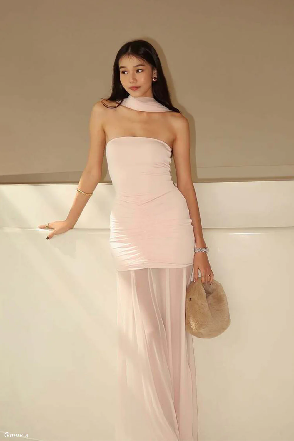 Caspian Slinky And Mesh Off Shoulder Maxi Dress - Pale Pink - Image 2