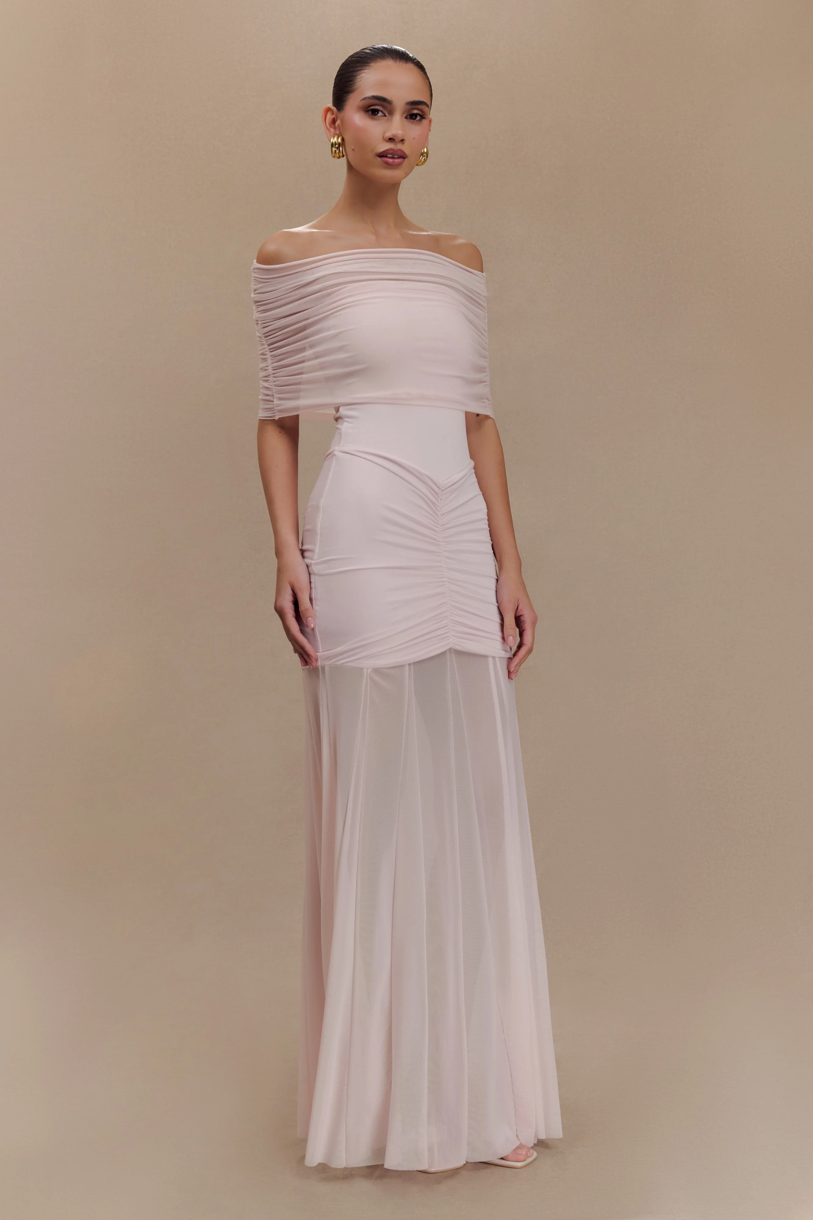 Caspian Slinky And Mesh Off Shoulder Maxi Dress - Pale Pink - Image 5