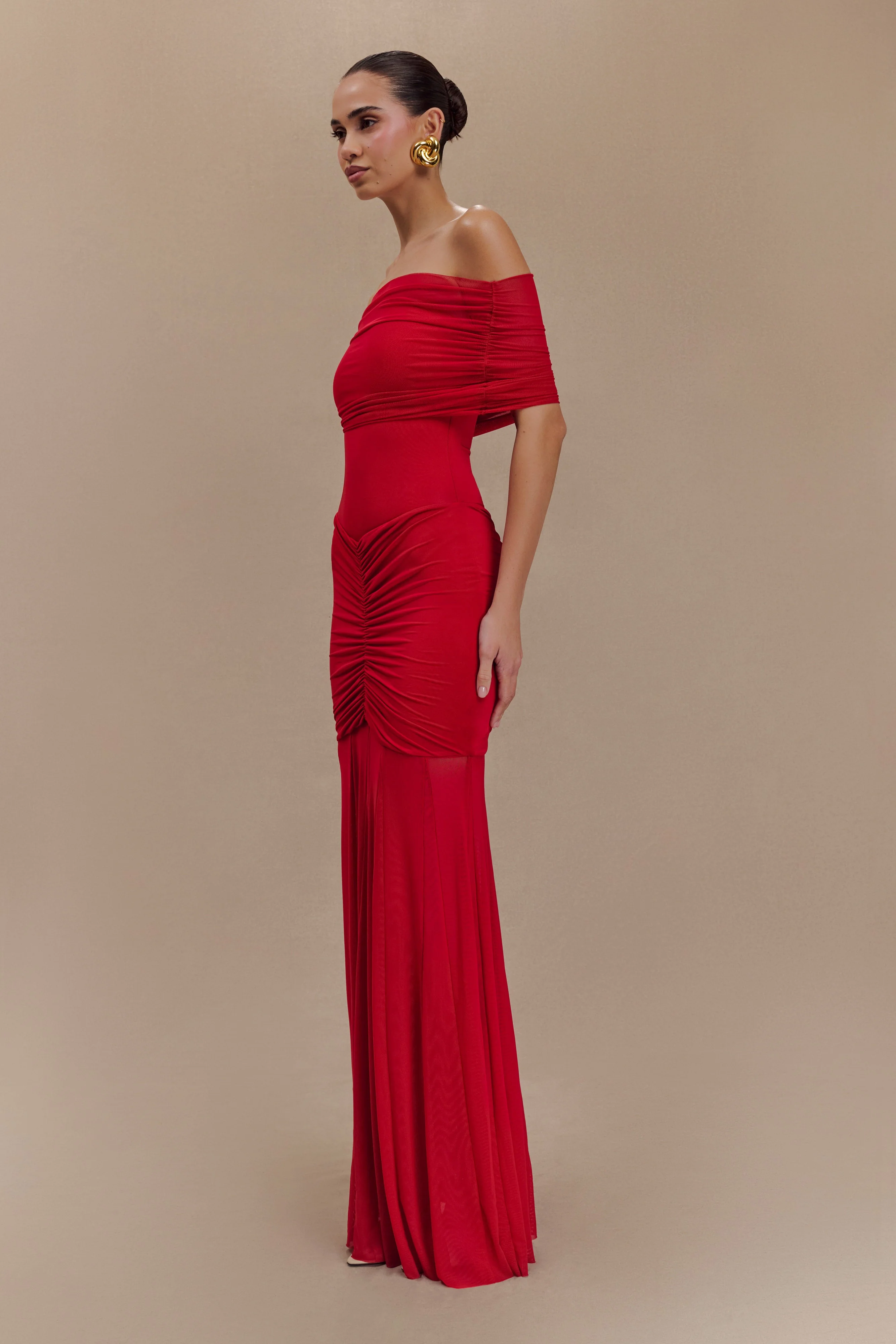 Caspian Slinky And Mesh Off Shoulder Maxi Dress - Ruby - Image 3