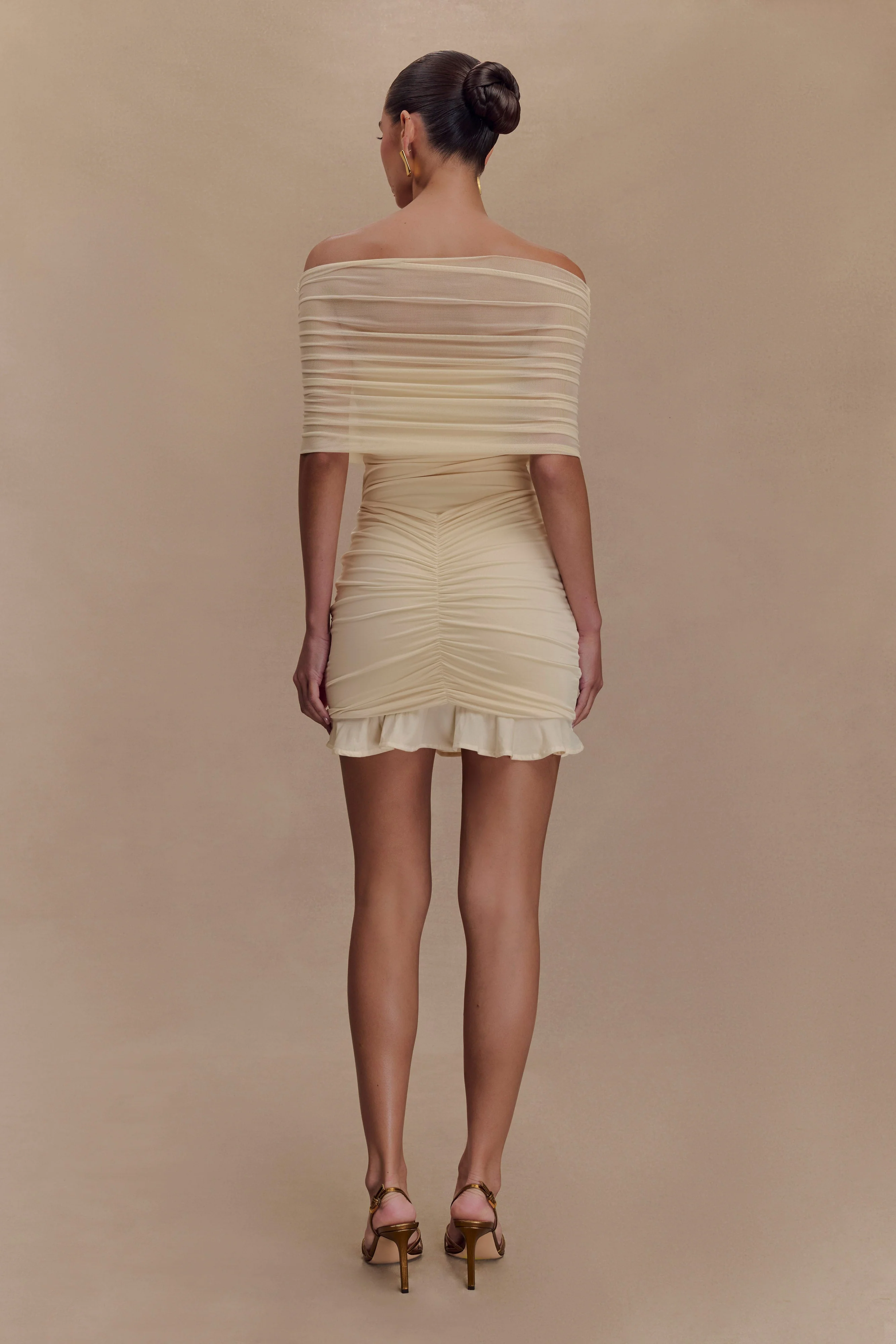 Caspian Slinky And Mesh Off Shoulder Mini Dress - Ivory - Image 2