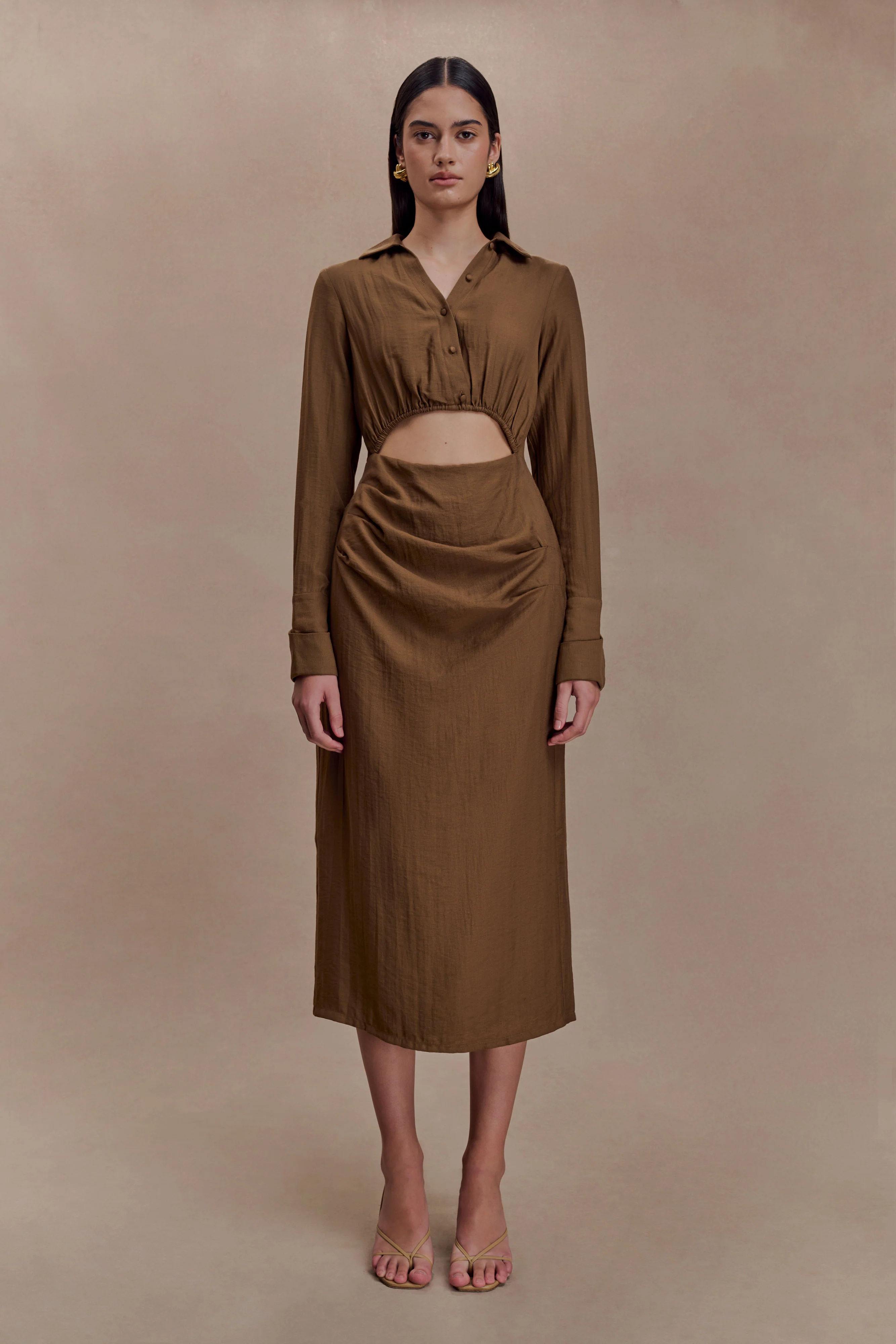 Cecilie Cut Out Shirt Midi Dress - Dark Chocolate - Image 4