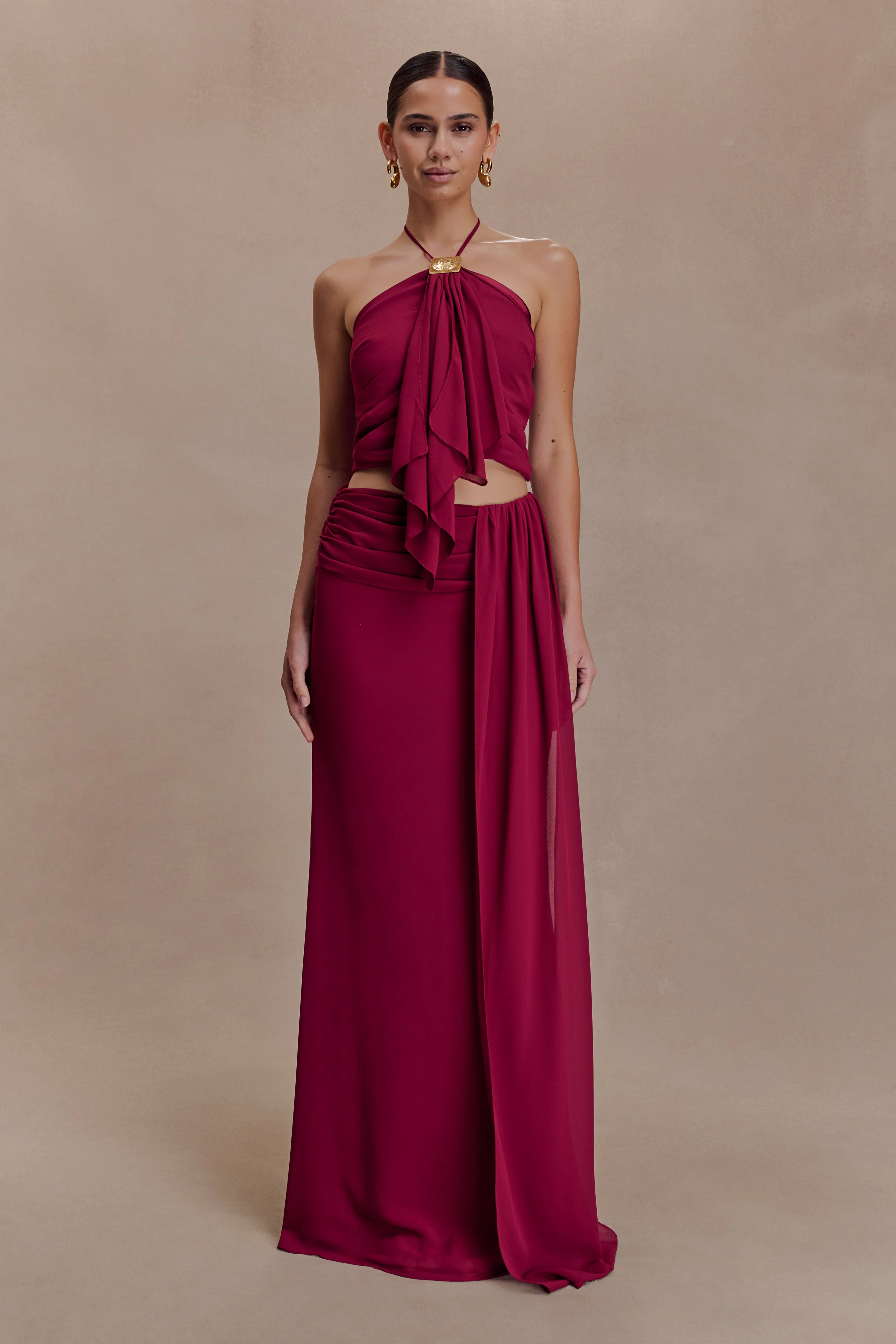 Celina Chiffon Halter Top With Hardware - Cherry Red - Image 6