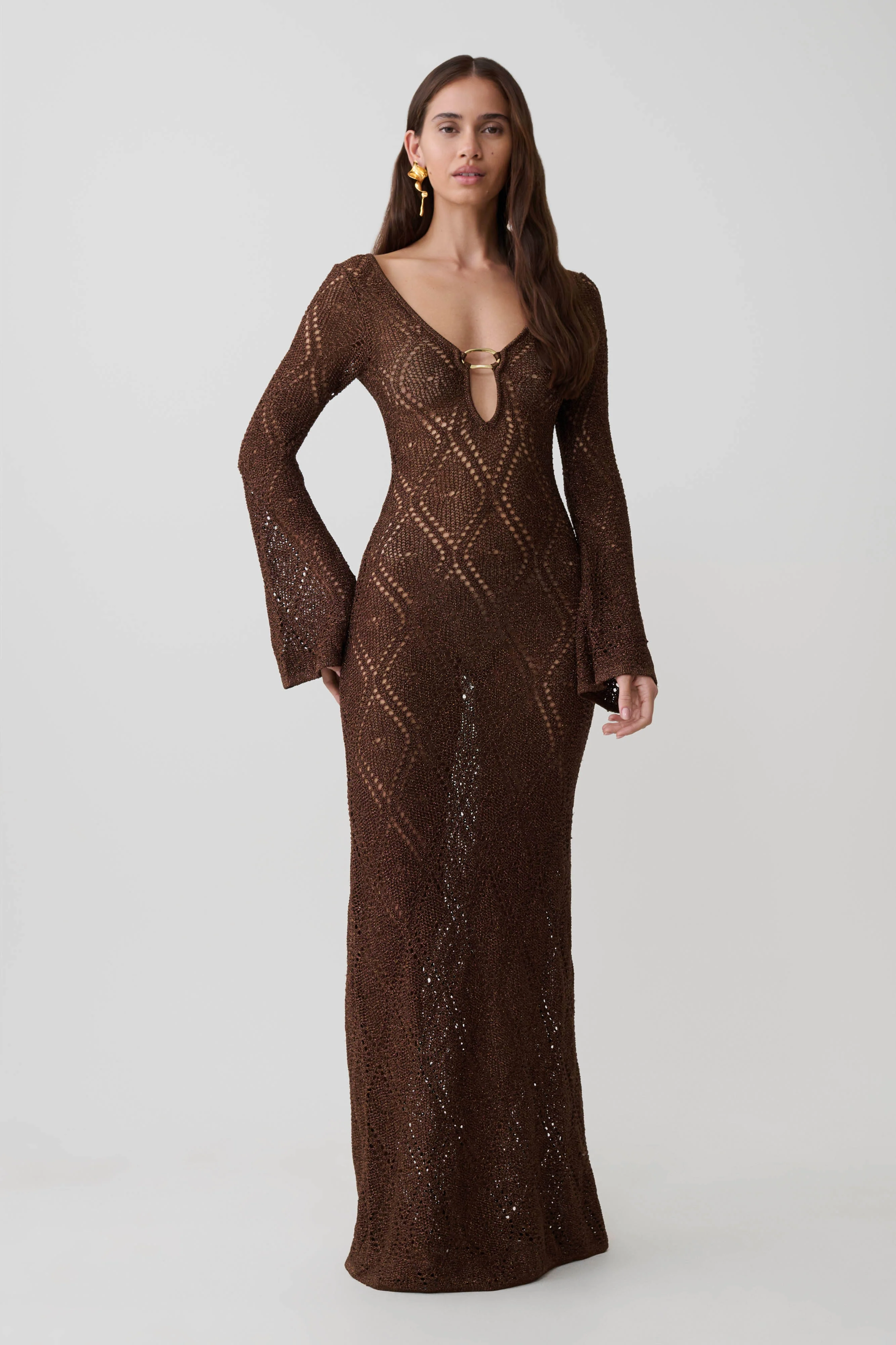 Chelsea Lurex Crochet Maxi Dress - Bronze - Image 5