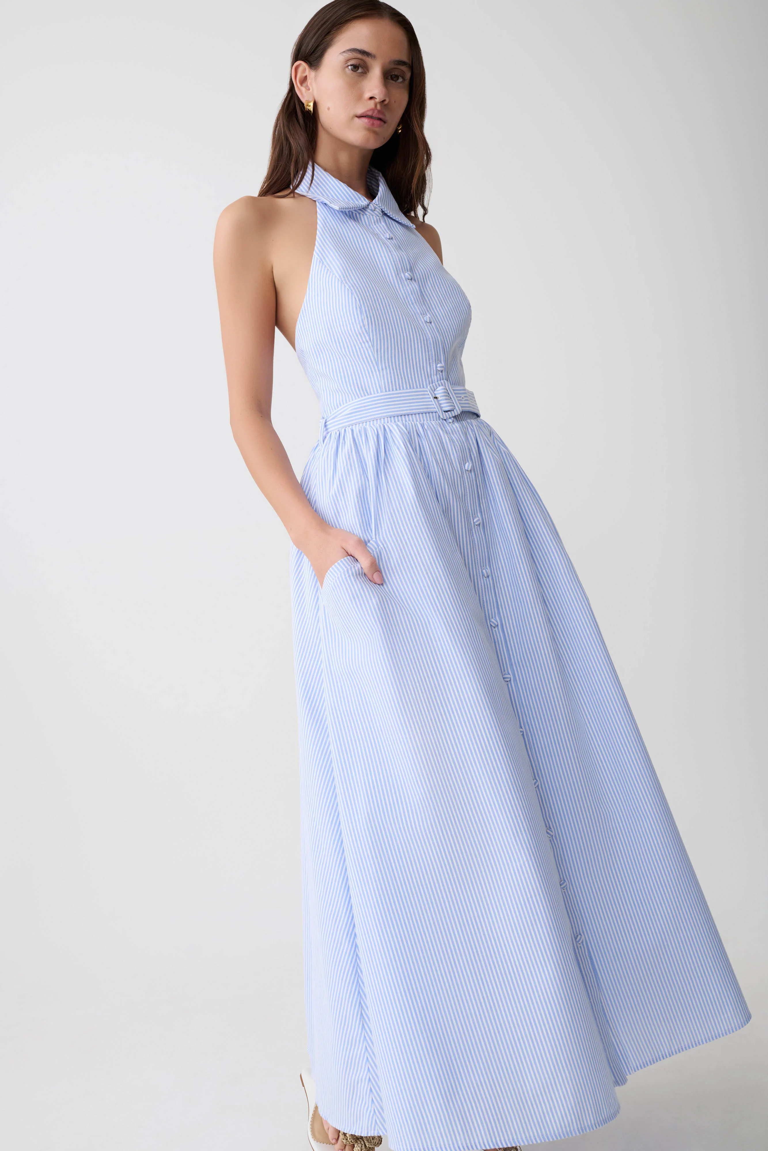 Cindy Collared Midi Dress - Blue Pinstripe - Image 7