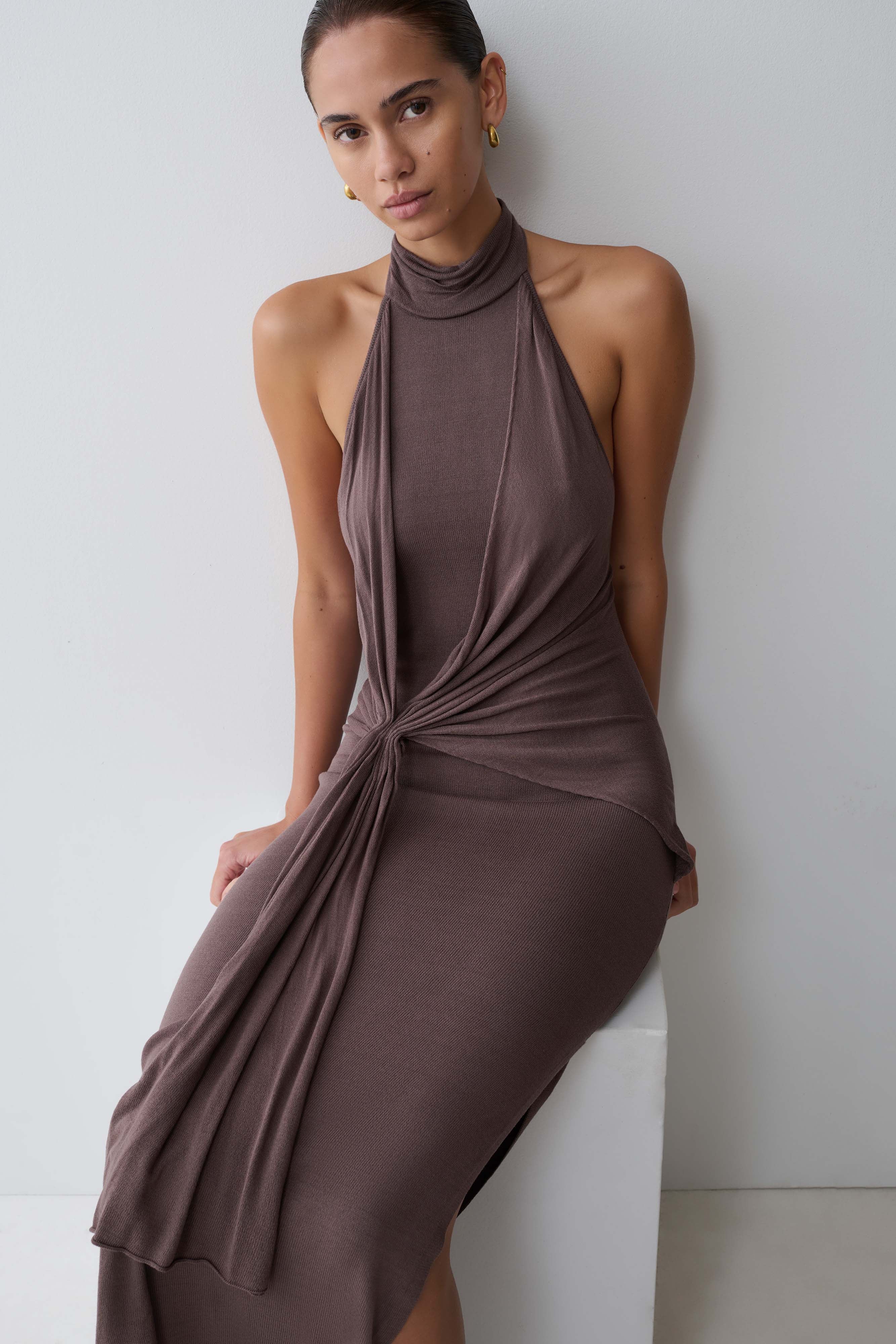 Cindylou Halter Knit Maxi Dress - Peppercorn - Image 4