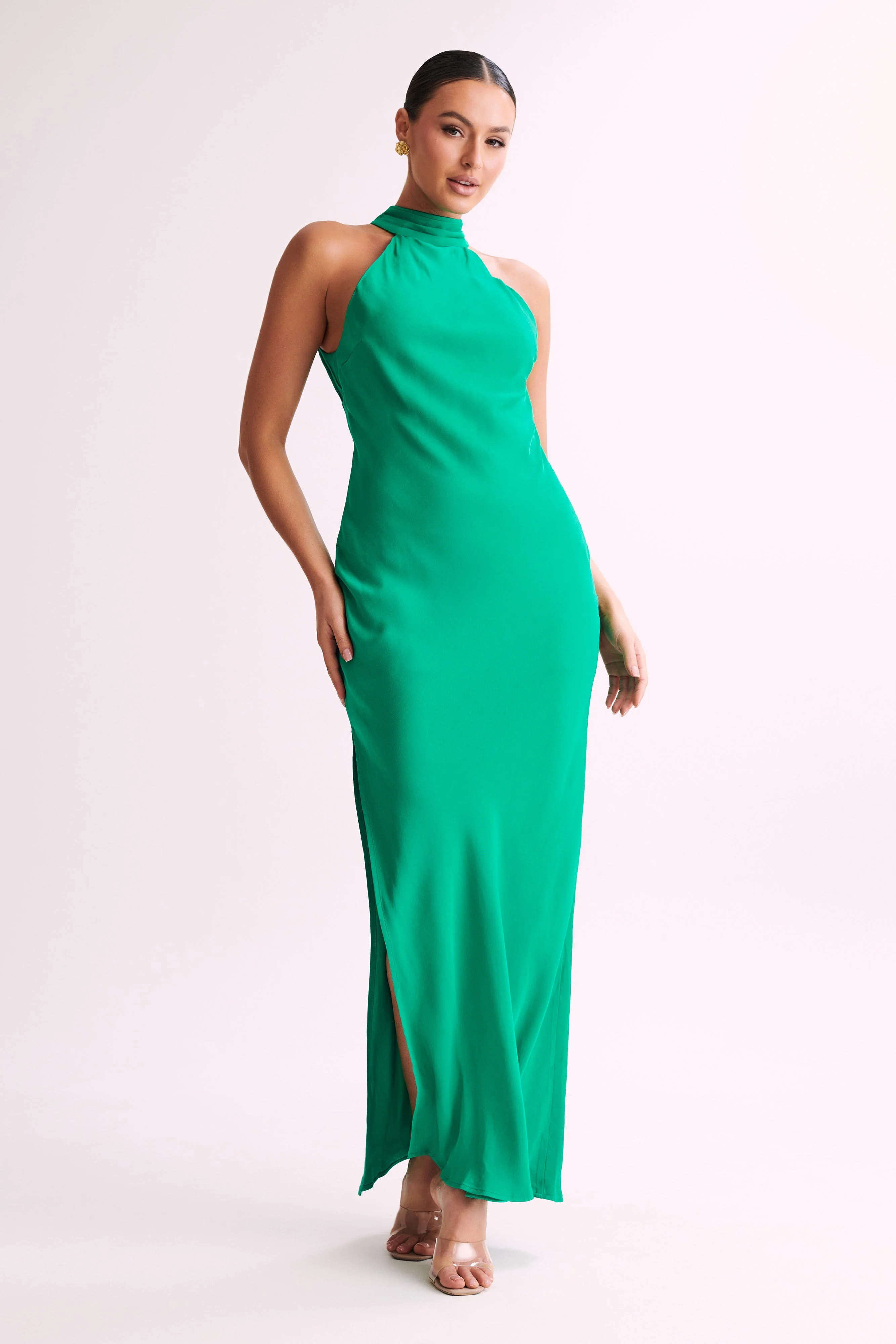 Claire Satin Drape Back Maxi Dress with Split - Green - Image 5