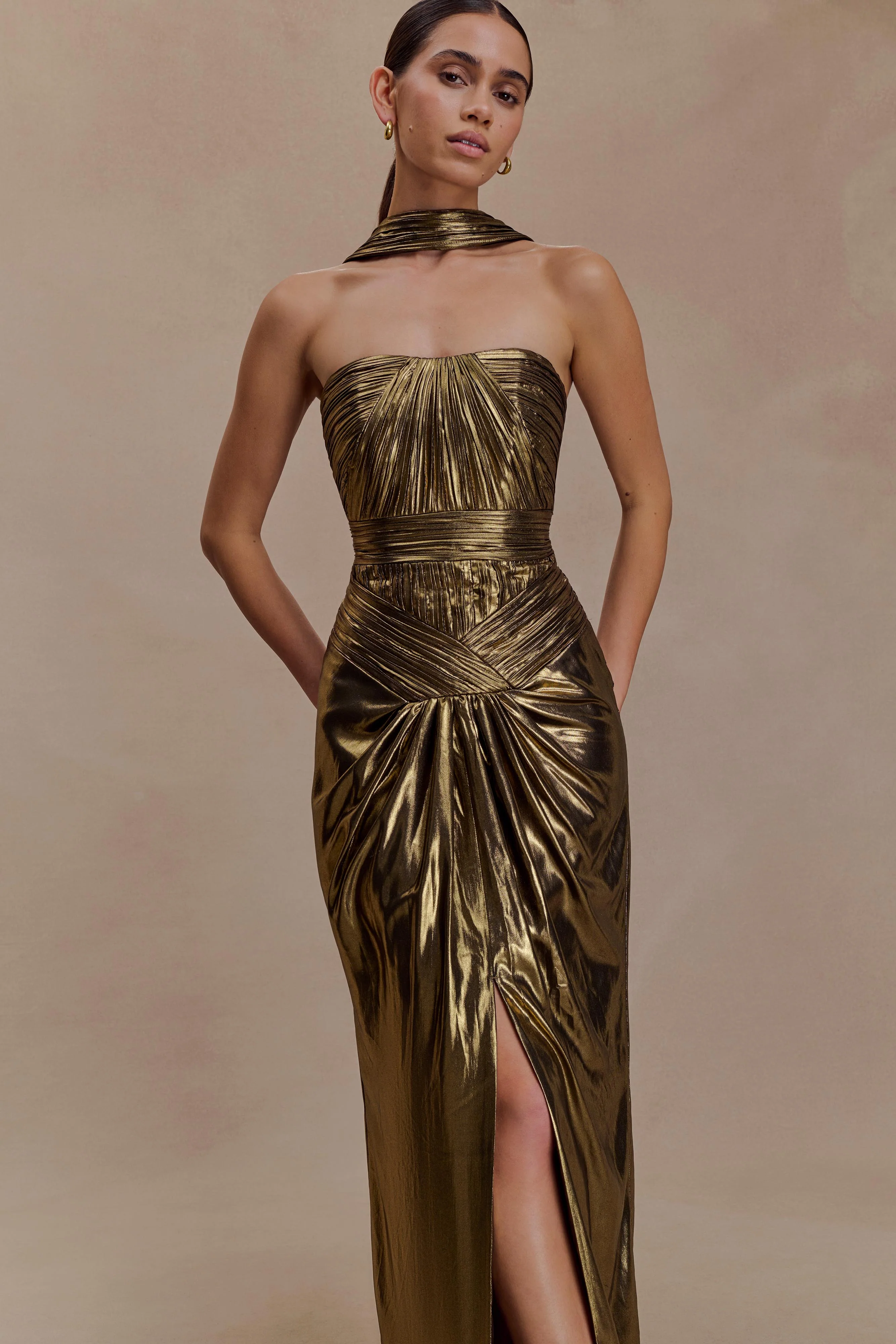 Clemence Plisse Maxi Dress - Gold - Image 11