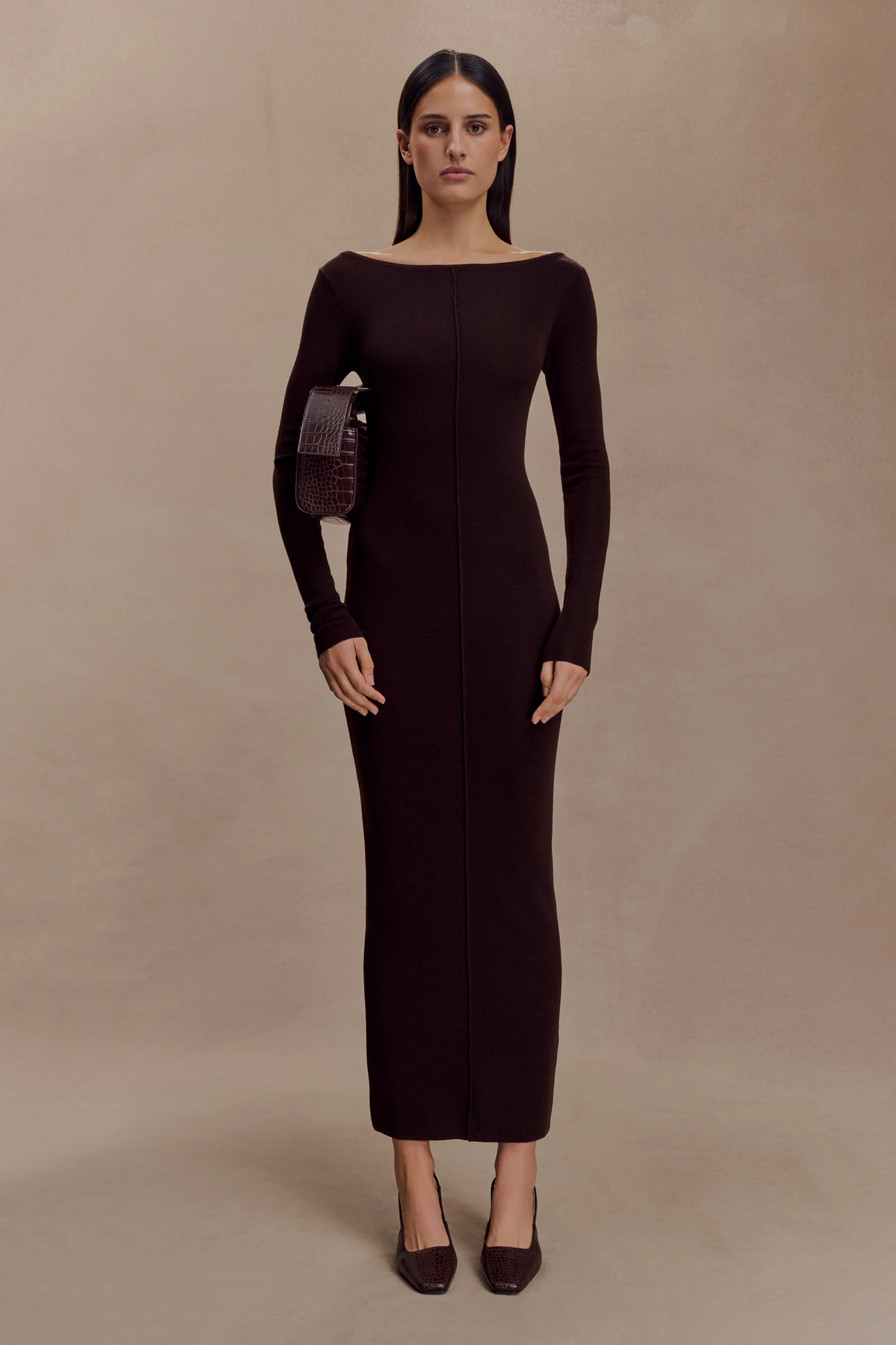 Cleona Merino Wool Ribbed Long Sleeve Maxi Dress - Deep Chocolate - Image 2