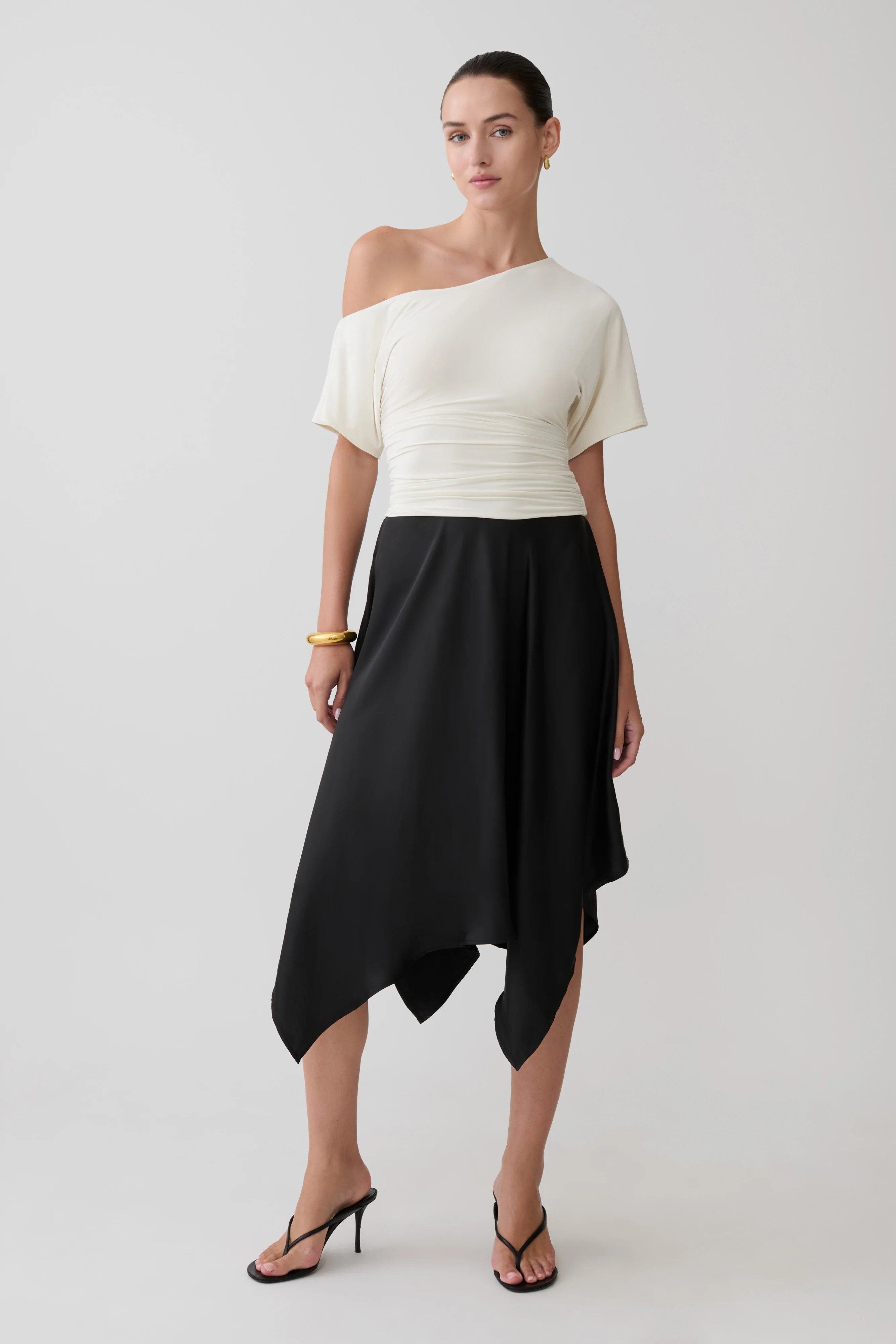 Coralie Asymmetric Satin Midi Skirt - Black - Image 4