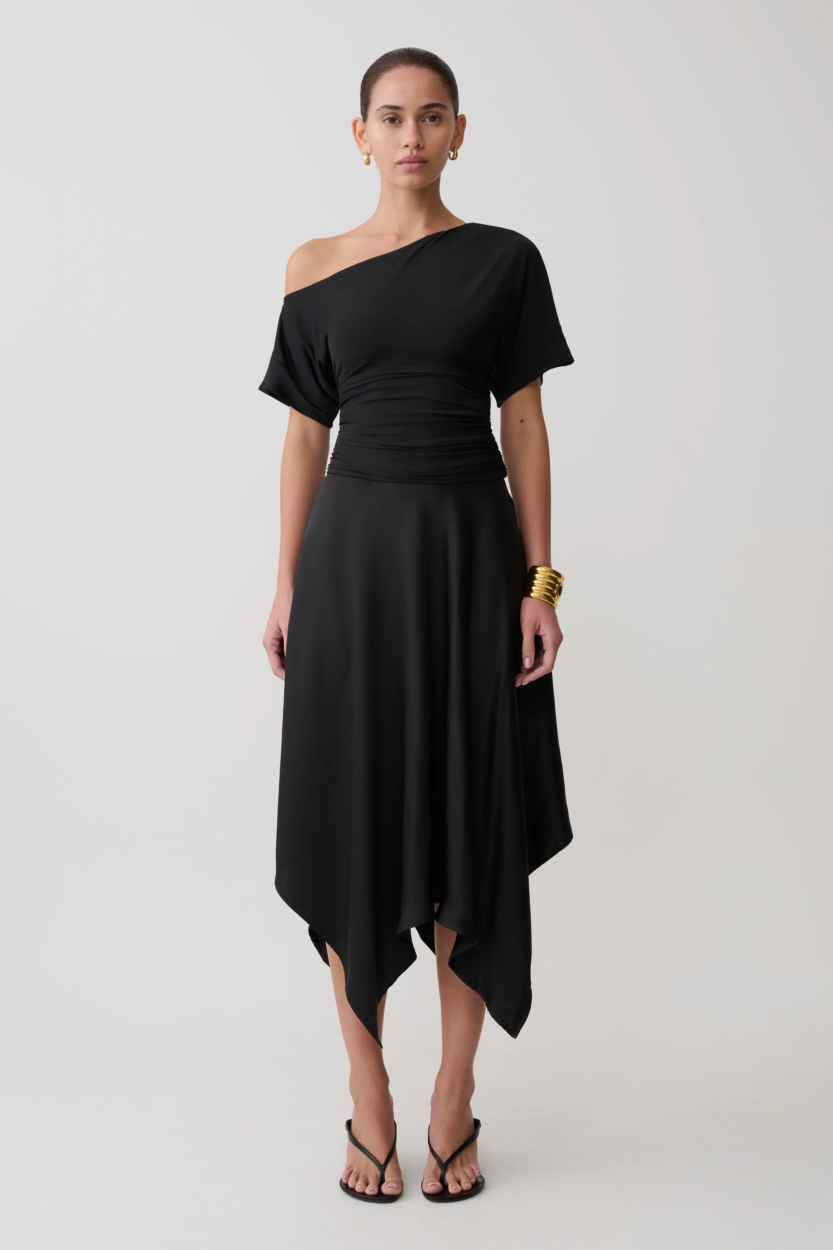 Coralie Asymmetric Satin Midi Skirt - Black - Image 6