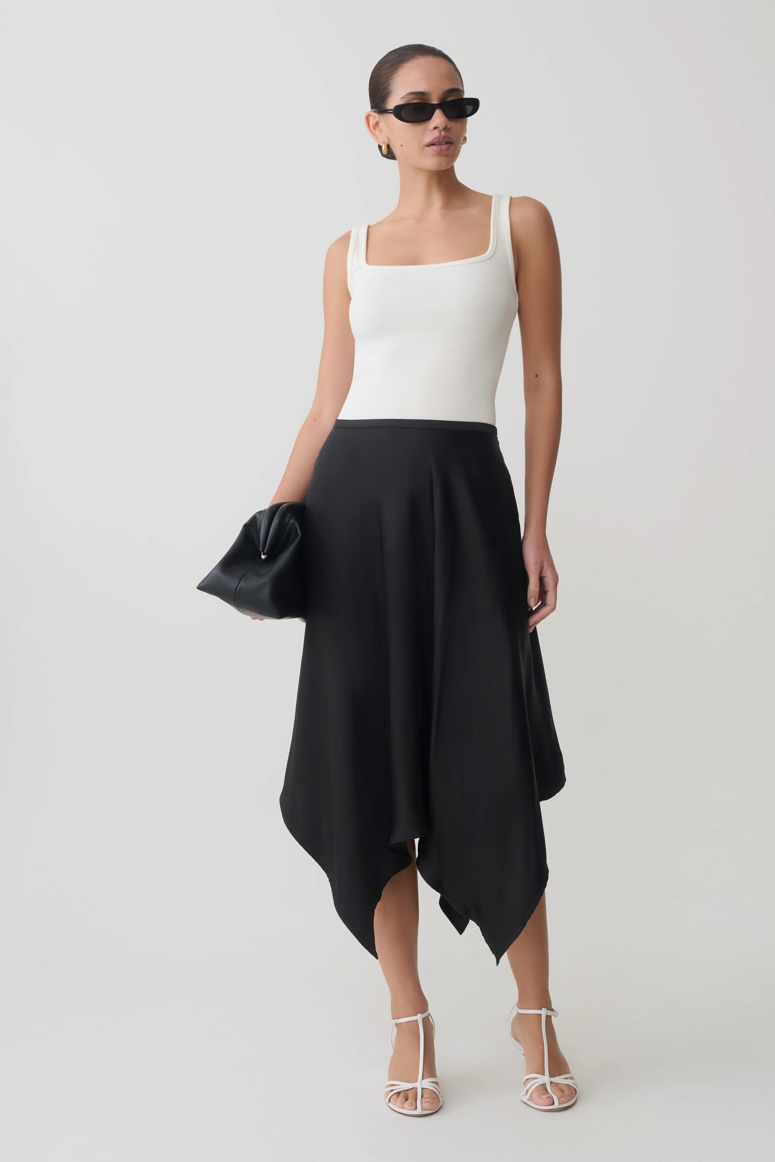 Coralie Asymmetric Satin Midi Skirt - Black - Image 7