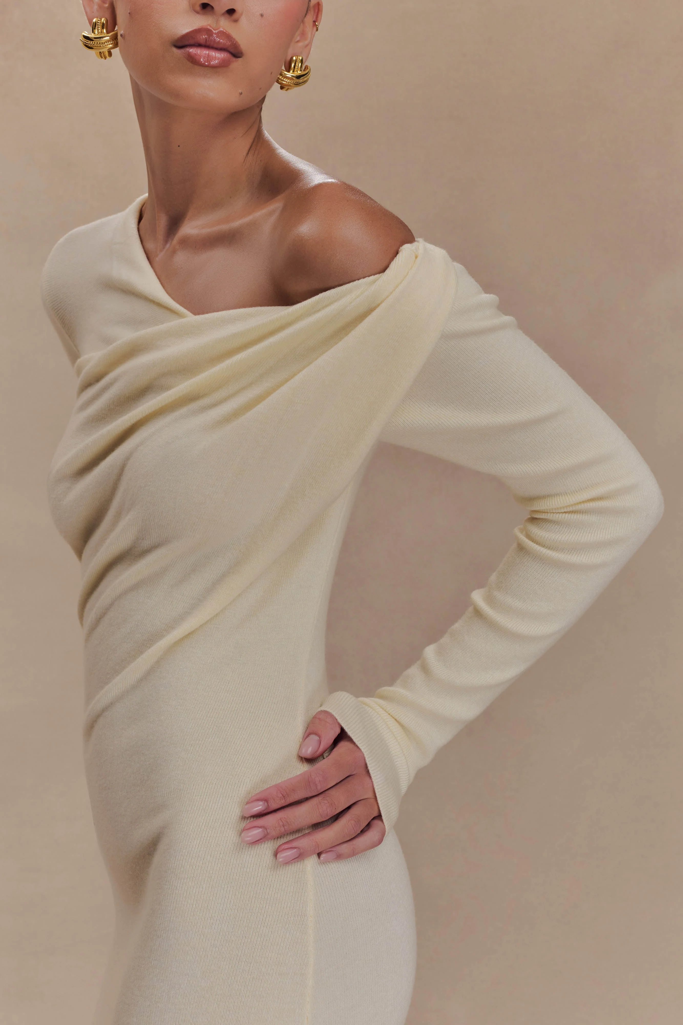 Culver Draped Twist Knit Midi Dress - Cream - Image 3