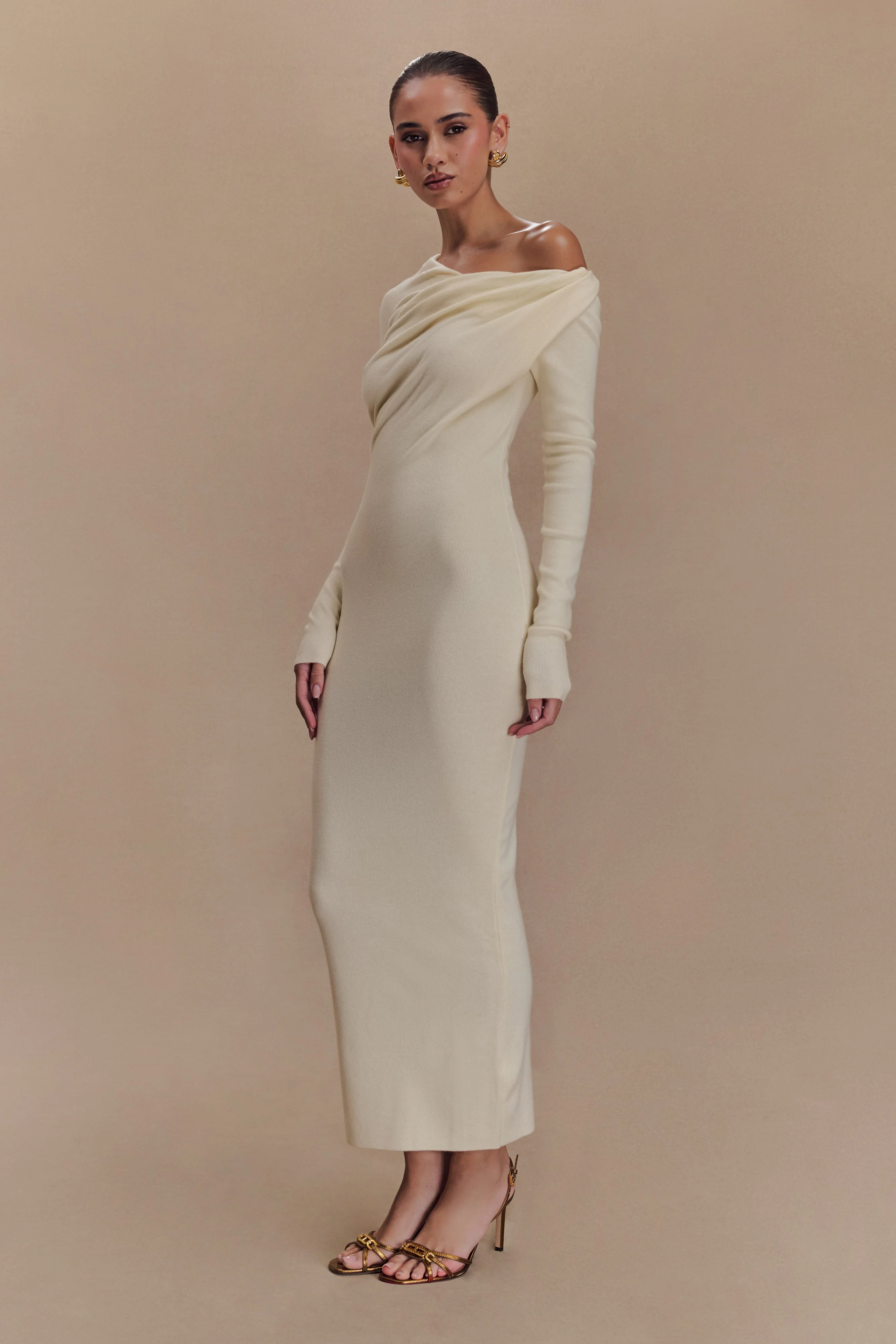 Culver Draped Twist Knit Midi Dress - Cream - Image 5