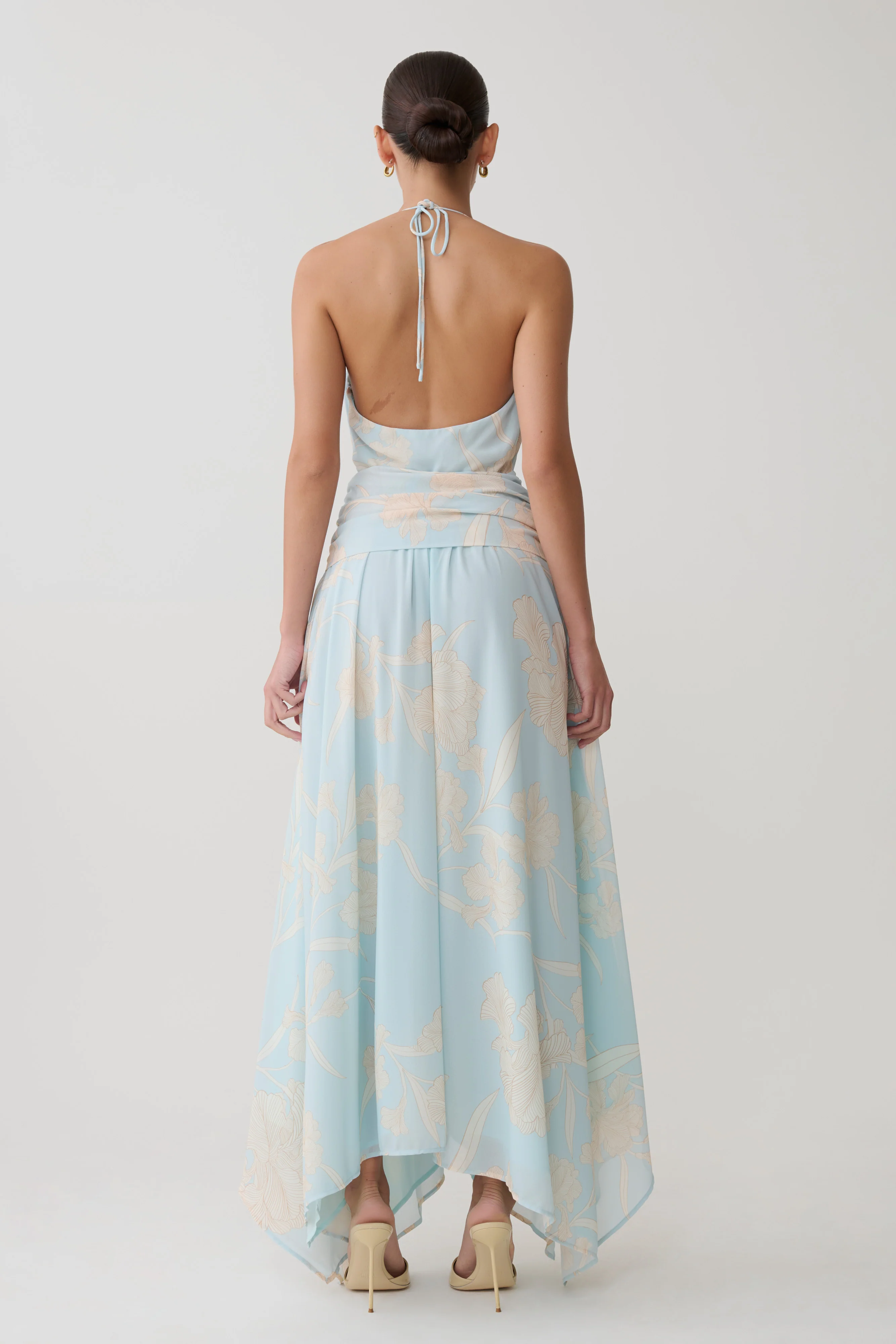 Cyra Plunge Chiffon Midi Dress - Blue Floral Print - Image 4