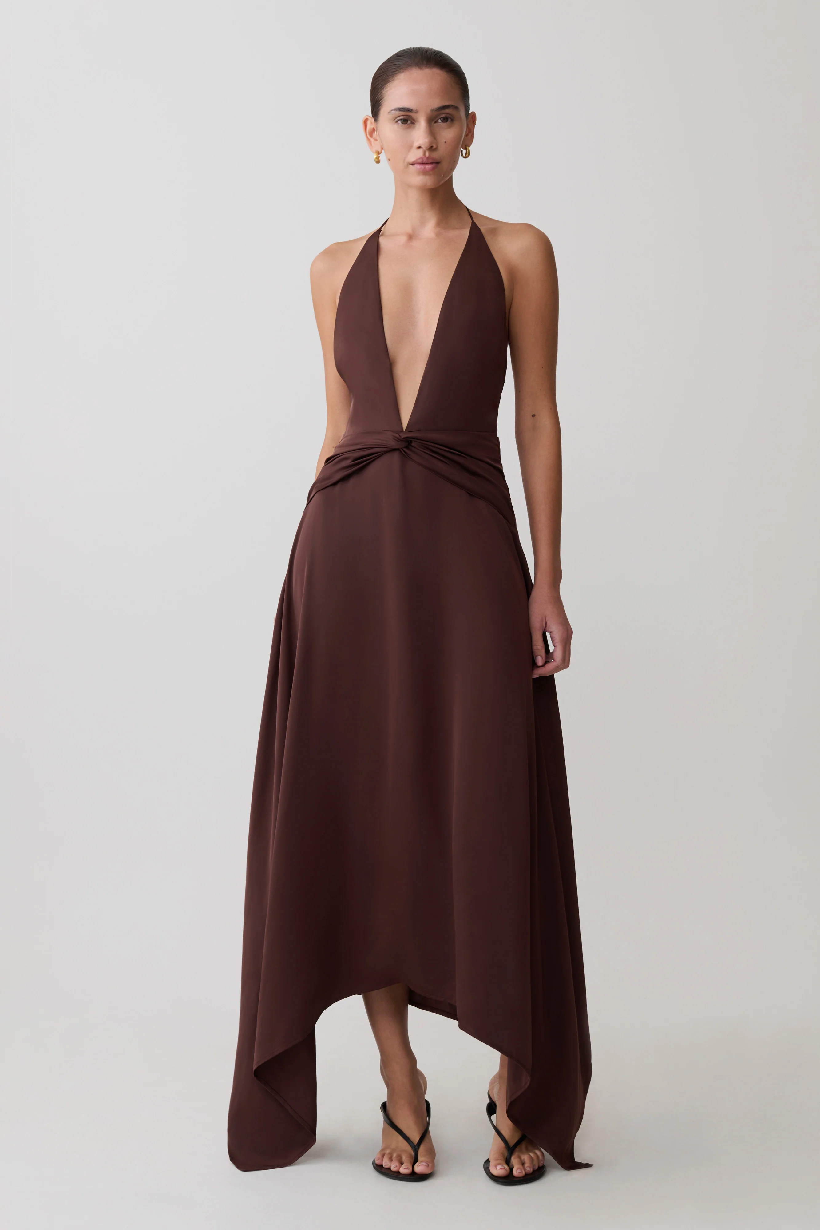 Cyra Plunge Satin Midi Dress - Dark Chocolate - Image 5