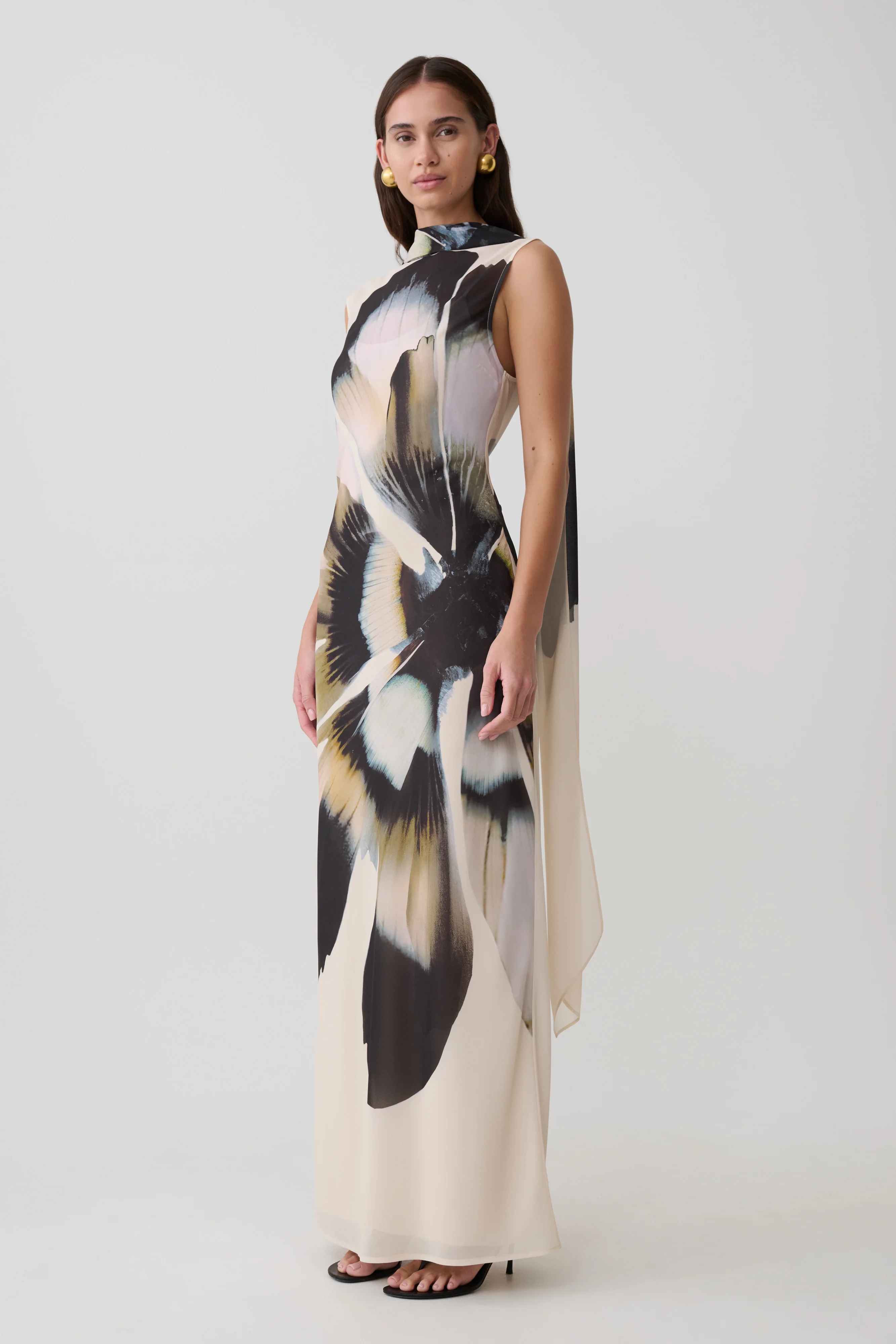 Dakota Chiffon Maxi Dress With Scarf - Ivory Oversized Floral Print - Image 4