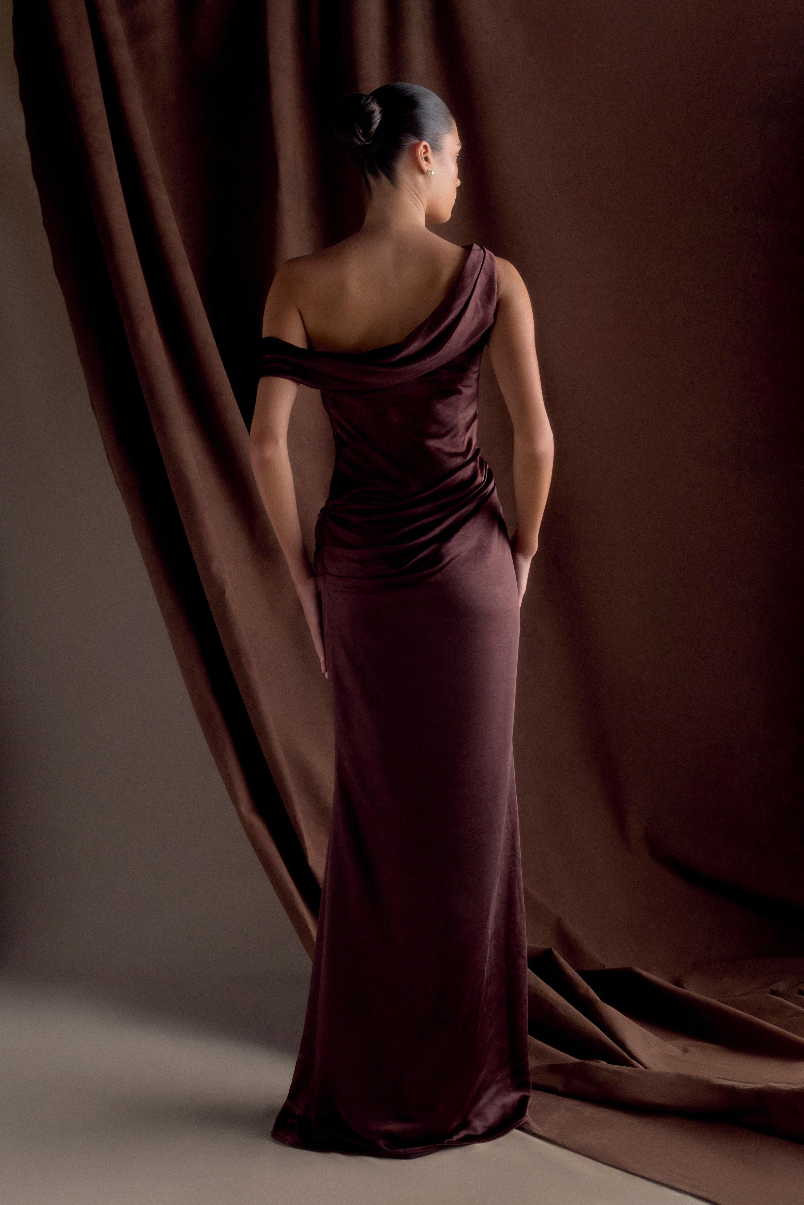 Dalia Off Shoulder Satin Maxi Dress - Dark Chocolate - Image 8