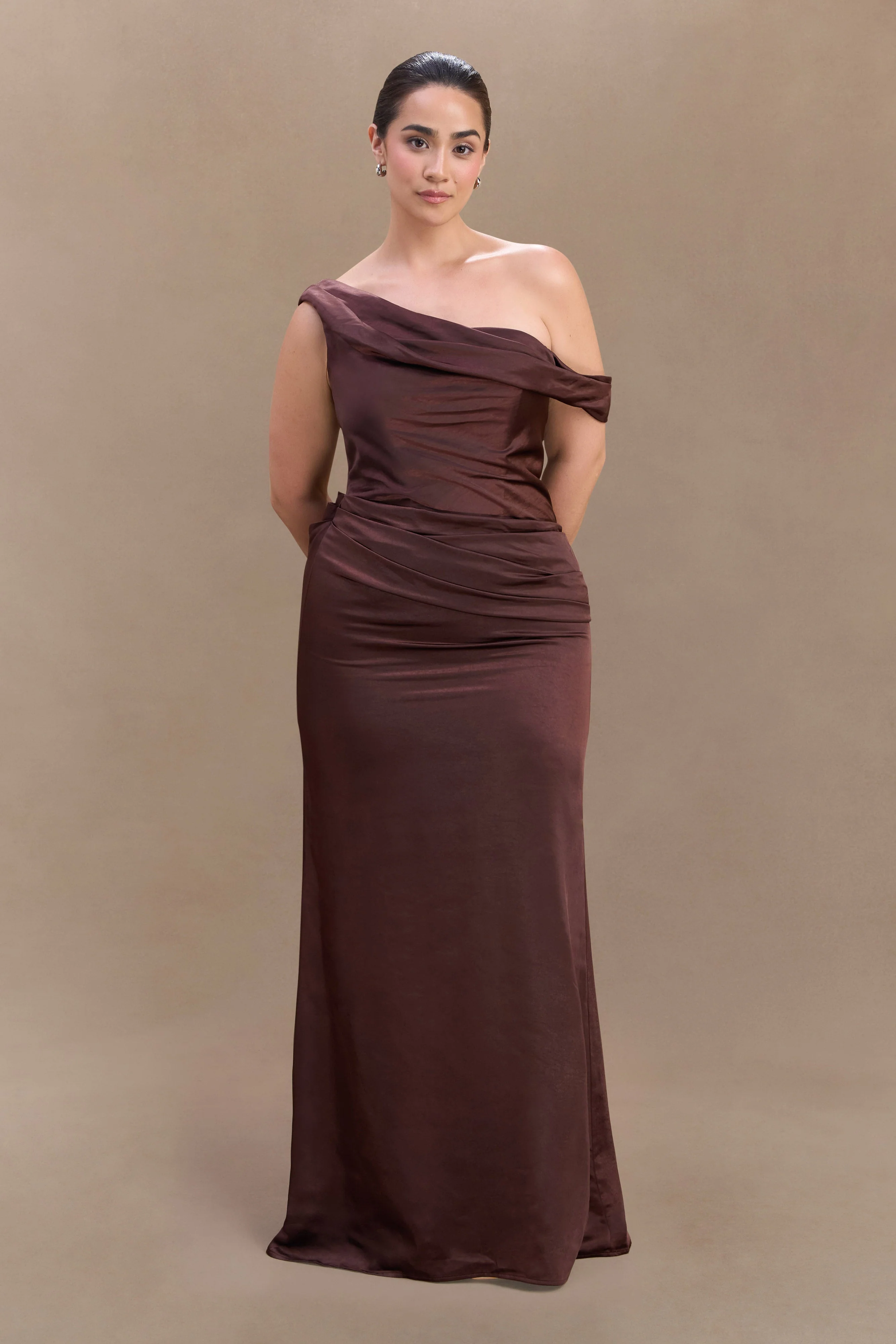 Dalia Off Shoulder Satin Maxi Dress - Dark Chocolate - Image 9