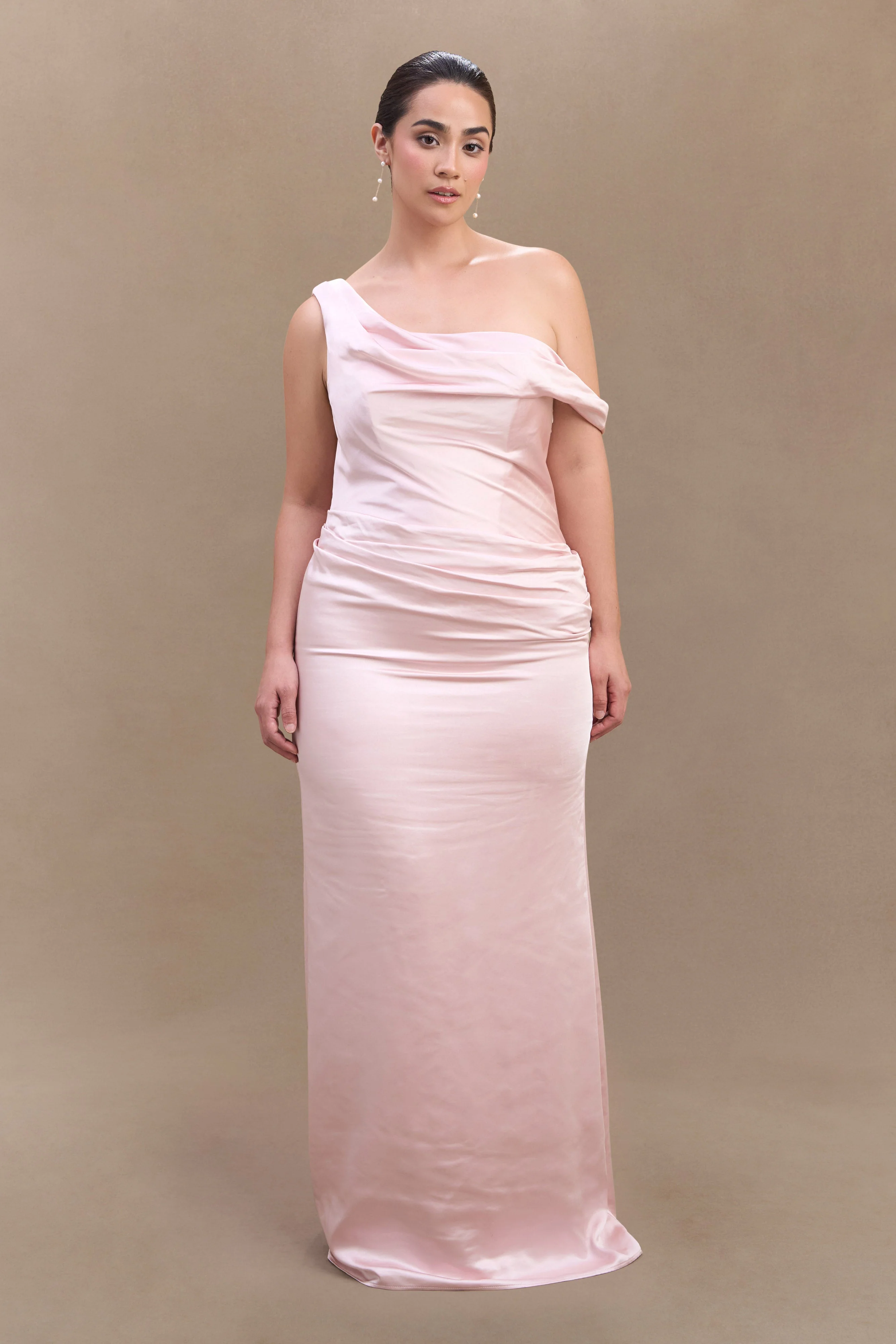 Dalia Off Shoulder Satin Maxi Dress - Soft Pink - Image 5