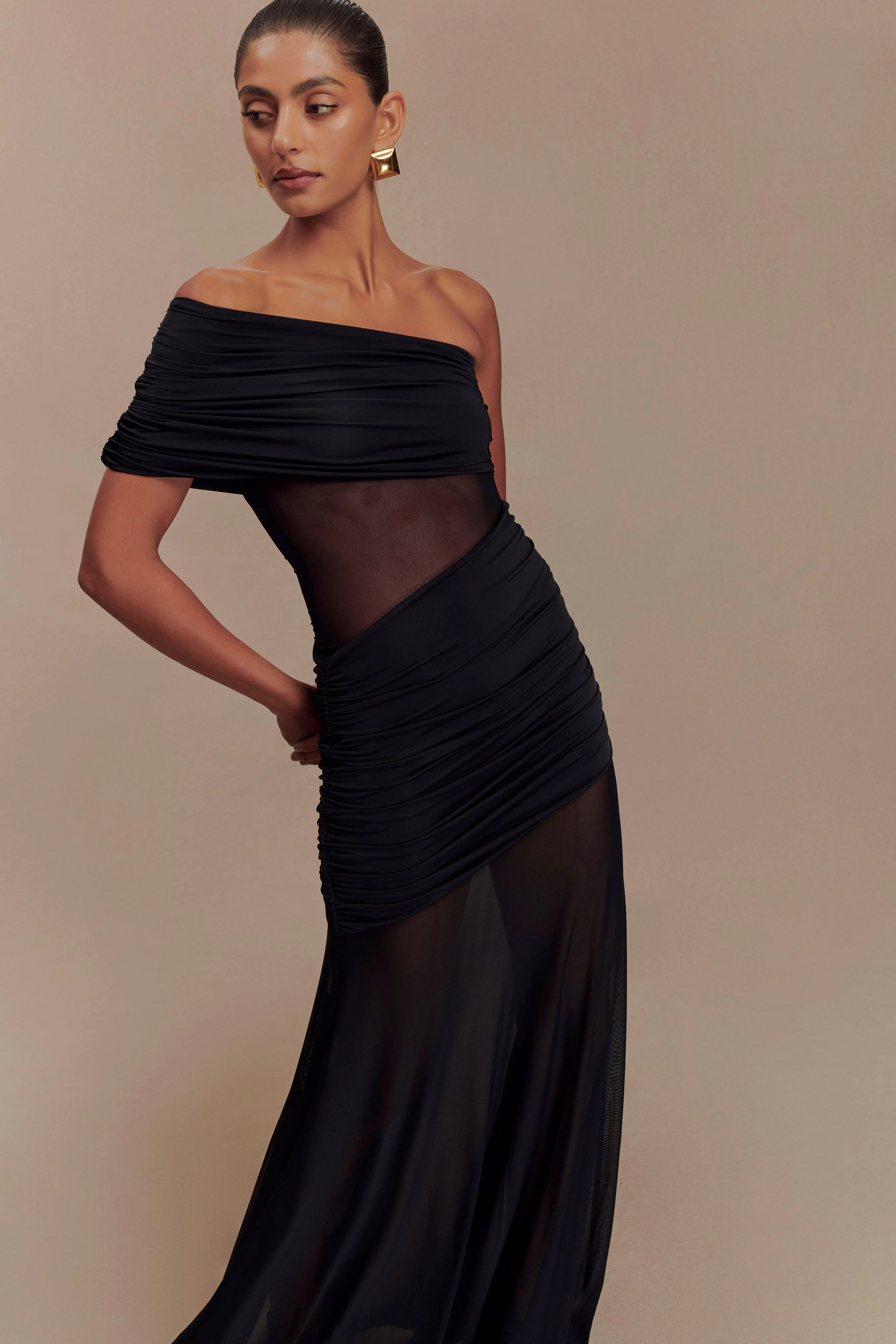 Dallas One Shoulder Mesh Maxi Dress - Black - Image 8