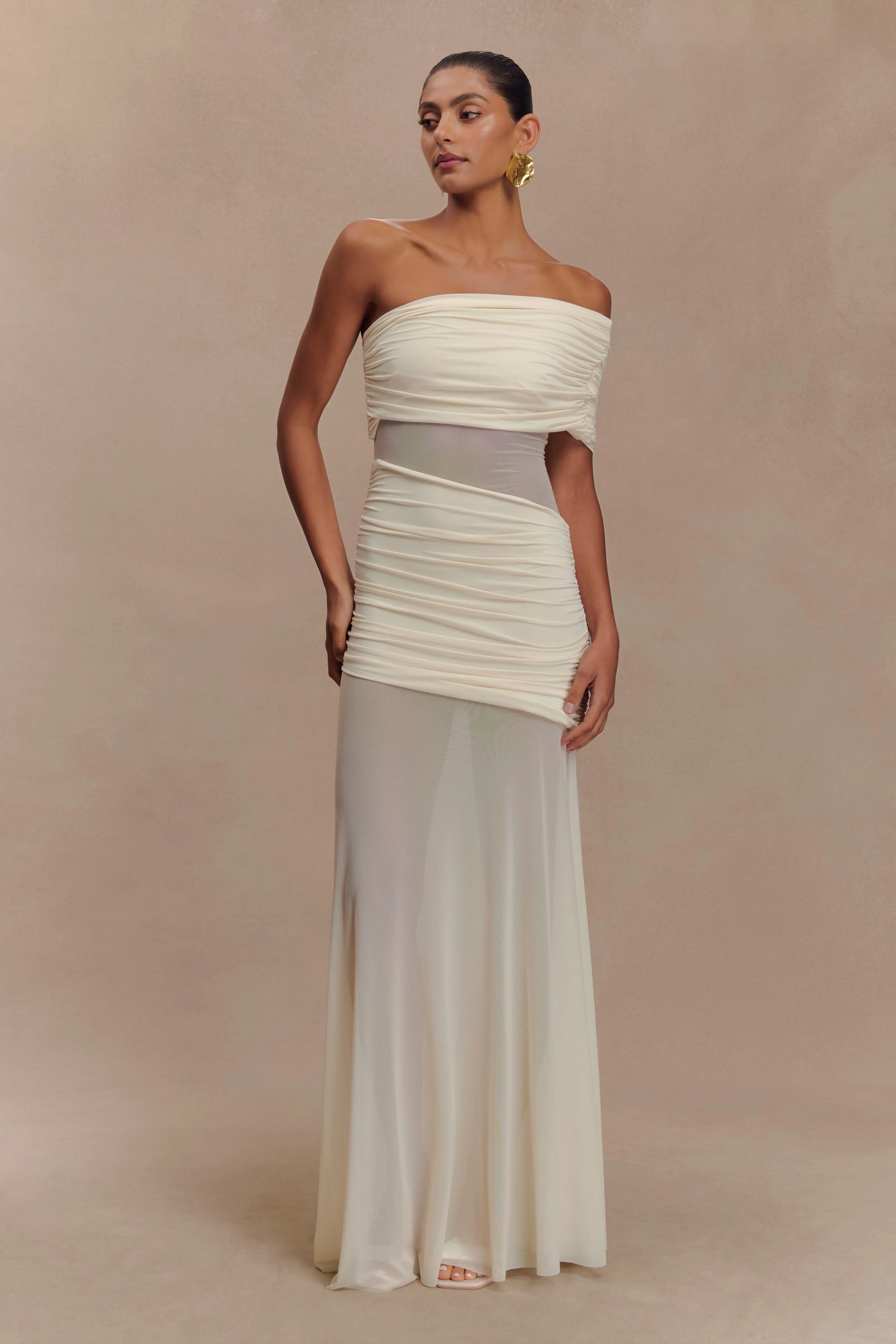 Dallas One Shoulder Mesh Maxi Dress - Ivory - Image 3