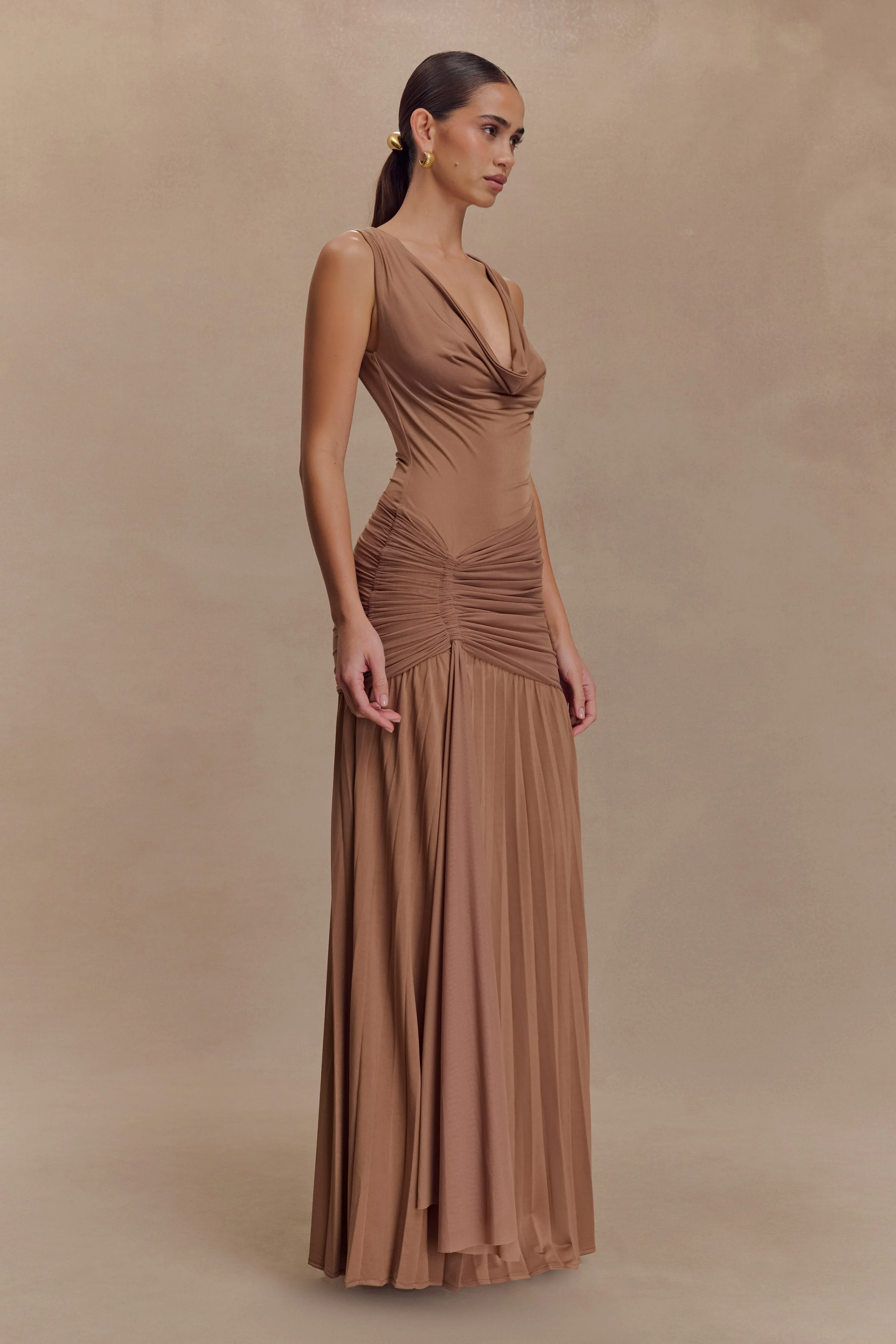 Dania Cowl Neck Slinky Maxi Dress - Mocha Mousse - Image 4