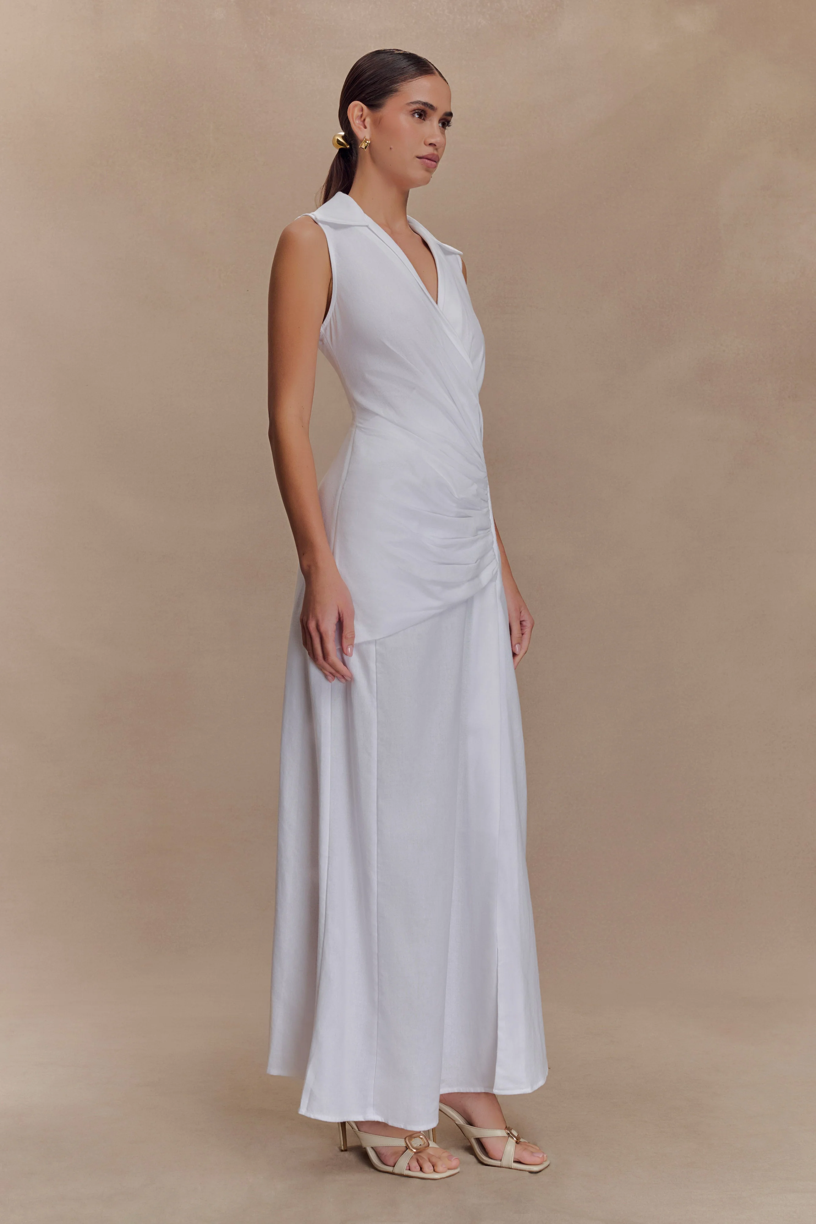 Dante Ruched Linen Midi Dress - White - Image 6