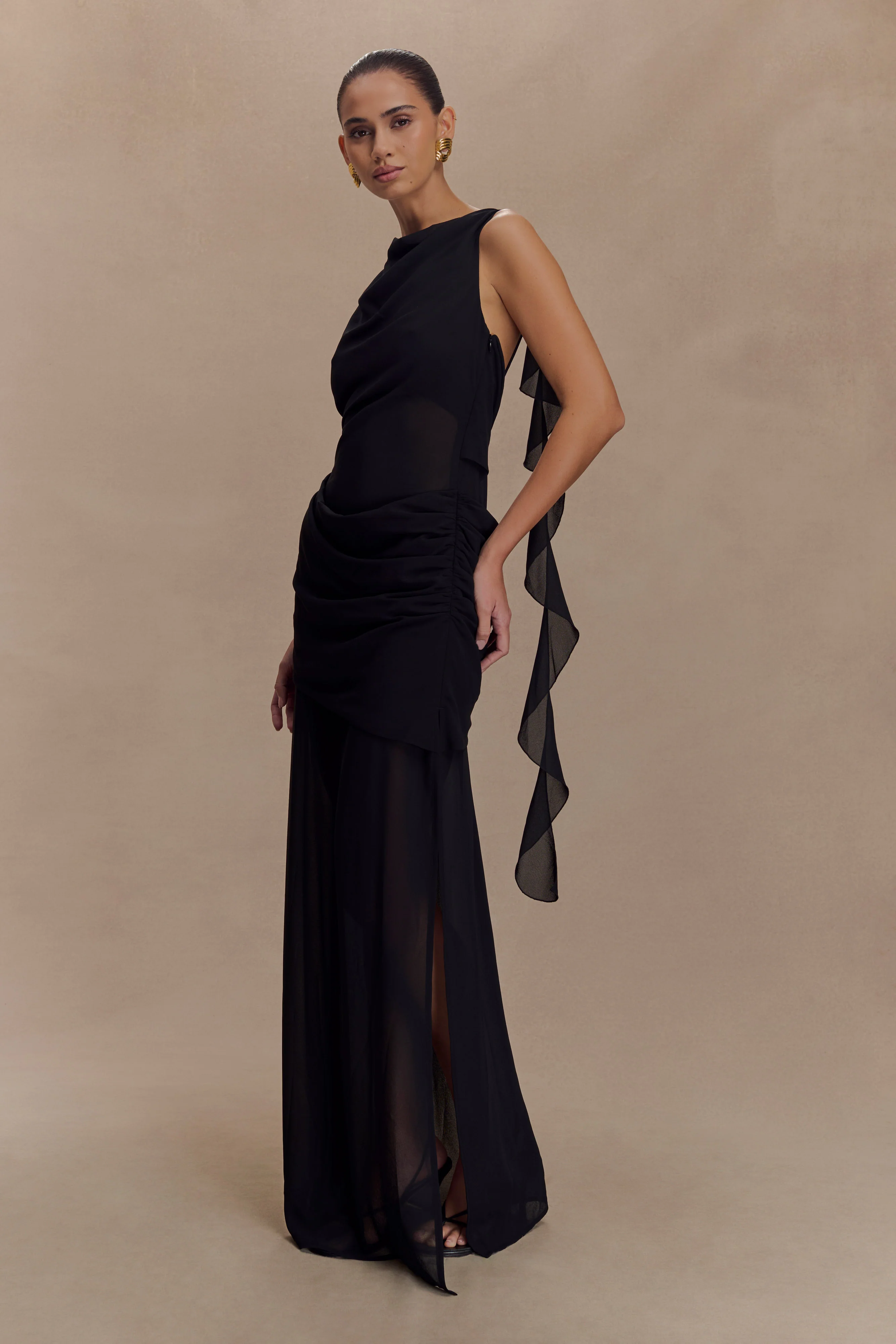 Daria Draped Chiffon Maxi Dress - Black - Image 4