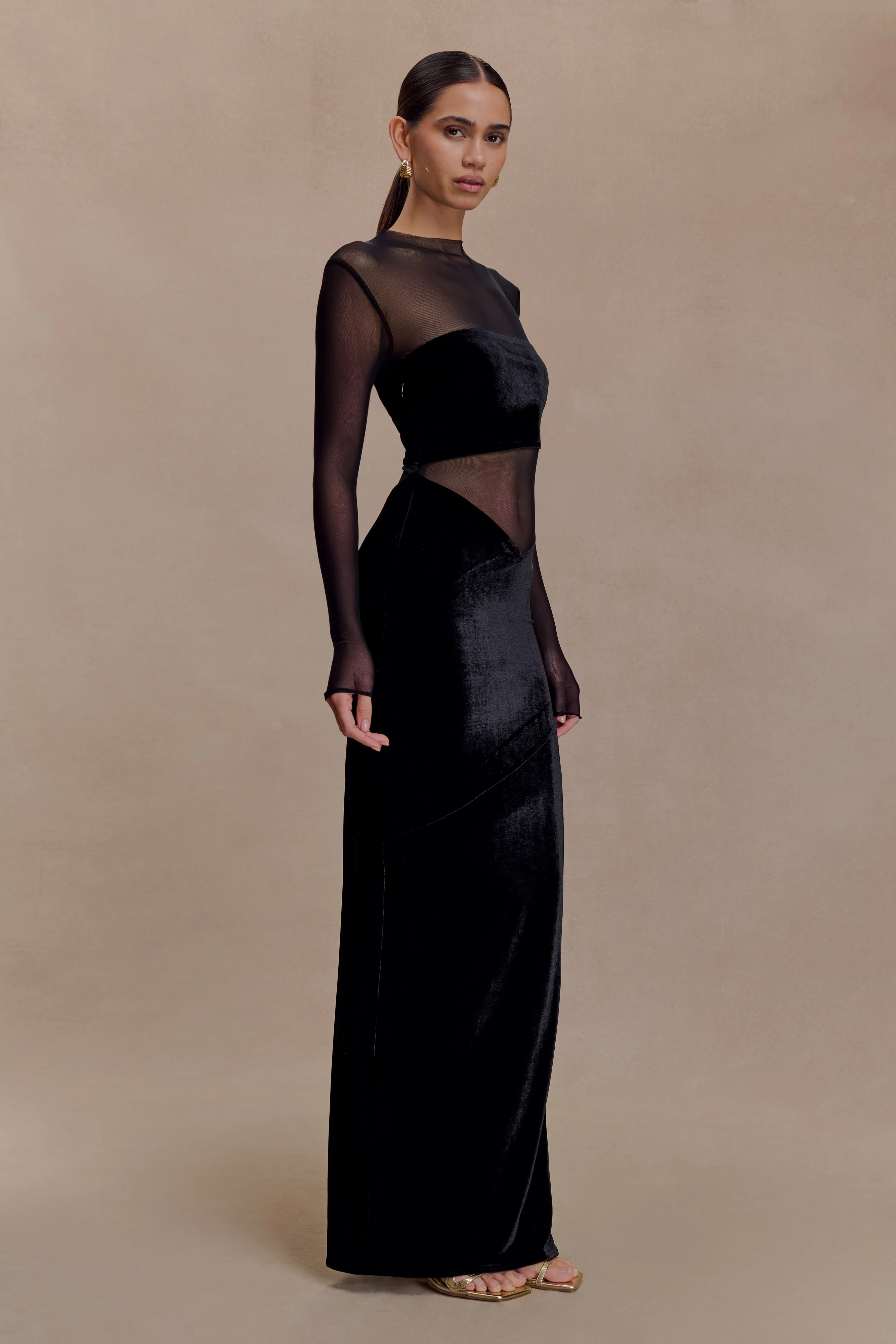 Davina Velvet And Mesh Maxi Dress - Black - Image 6