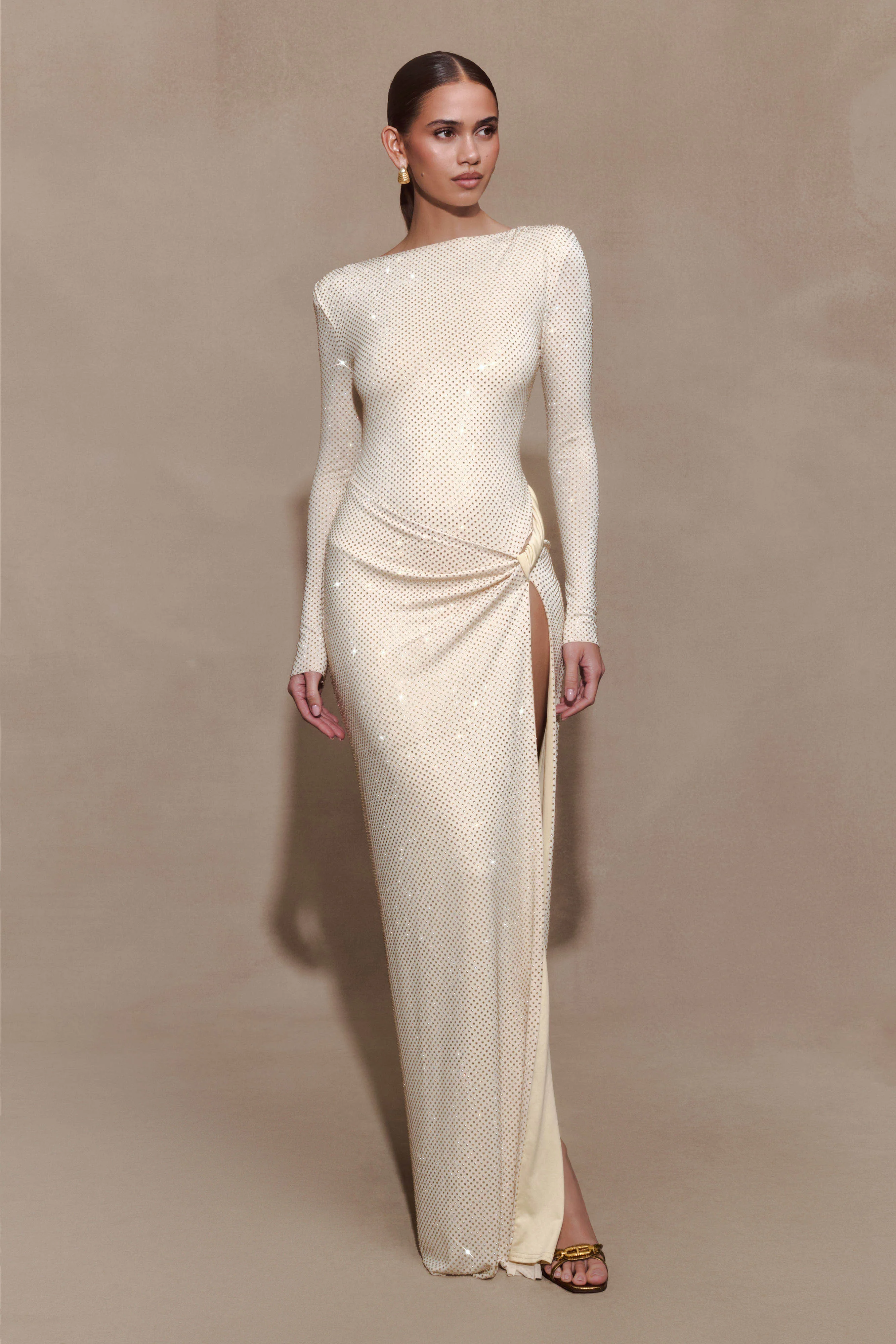 Deanna Long Sleeve Diamante Maxi Dress - Gold - Image 5